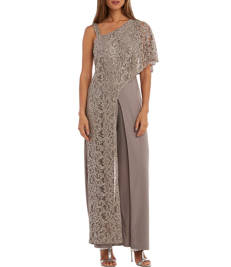 R & M Richards Embroidered Sequin One Shoulder Jumpsuit