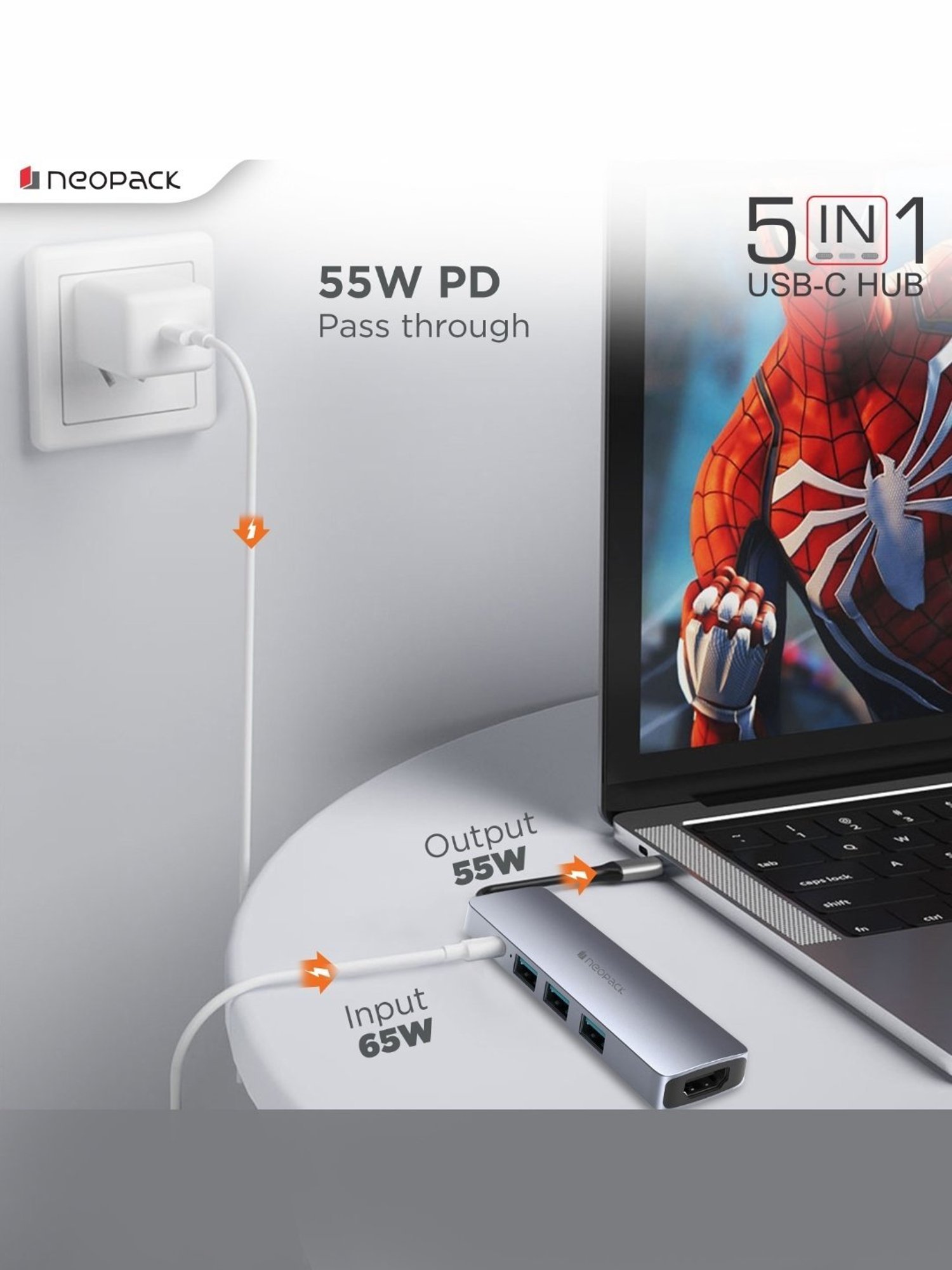 Neopack 5 in 1 USB C Hub Multiport Adapter with HDMI 4K 30Hz, USB 3.0 5Gbps Data Ports (Silver)