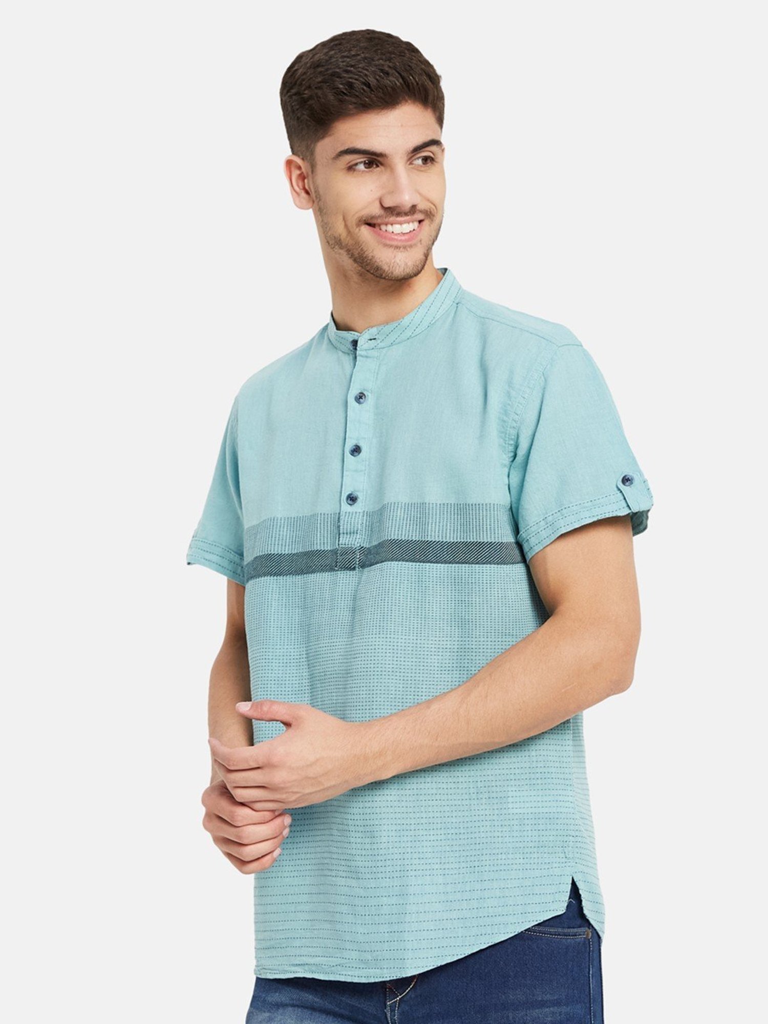 METTLE Light Teal Cotton Regular Fit Striped Shirt