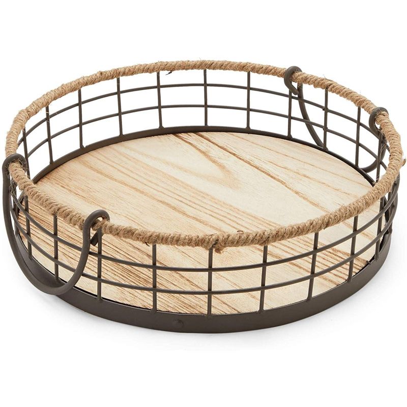 Juvale 2 Pack Round Wooden Wire Basket Trays with Handles, Farmhouse Decor (2 Sizes)