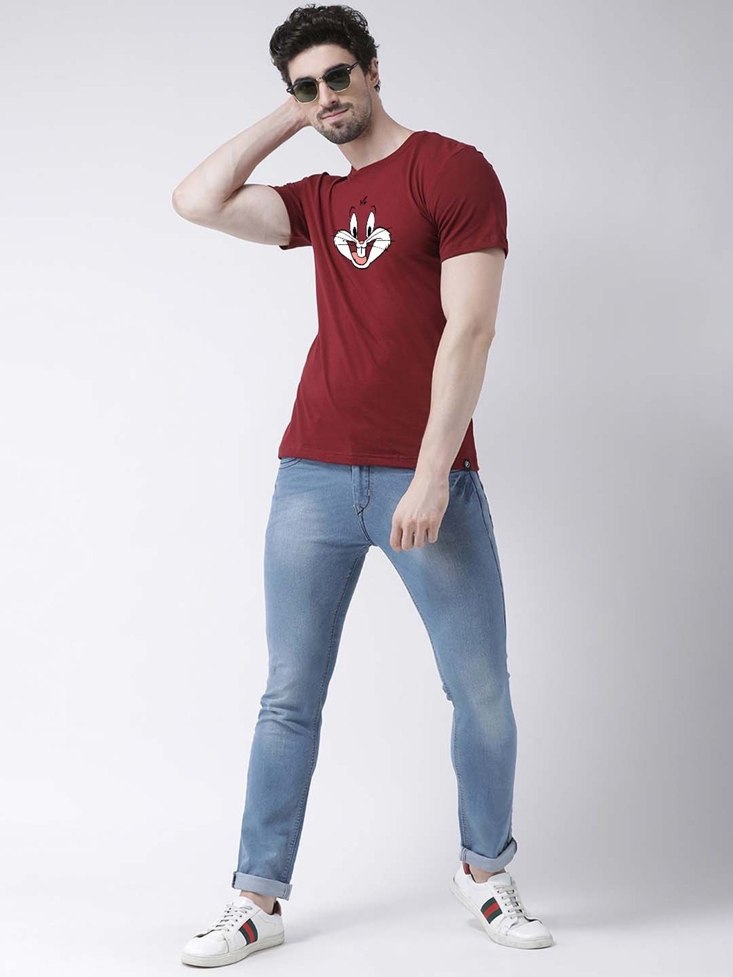 Friskers Maroon Cotton Slim Fit Printed T-Shirt