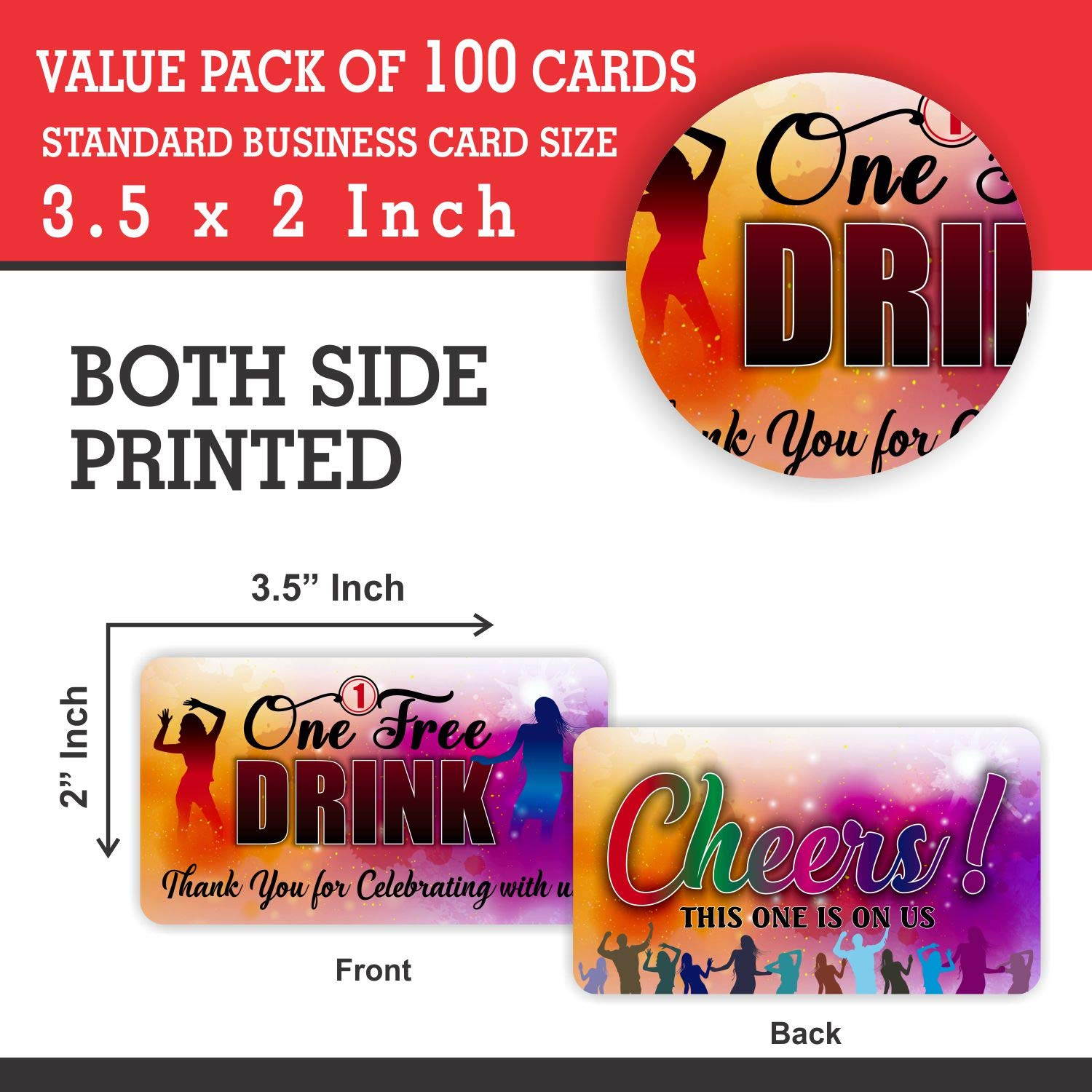 One Free Drink Ticket - (Pack of 100) Coupon Cards 3.5"x2" Redeem Gift Vouchers for Business Wedding Party Raffle Events