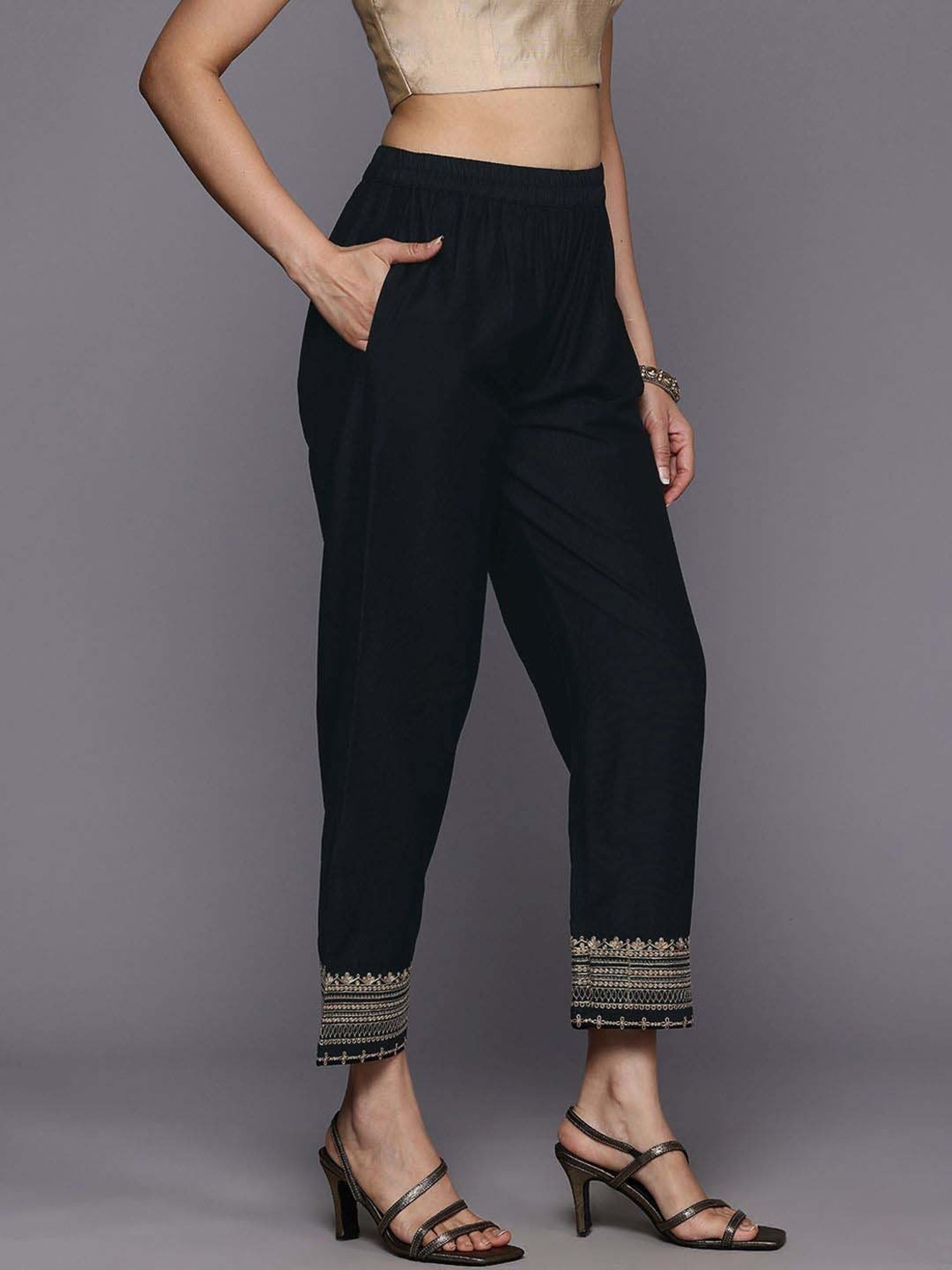 Varanga Black Cotton Embroidered Pants