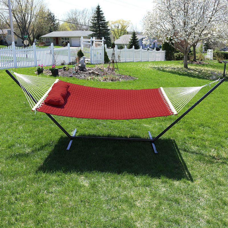 Sunnydaze 2-Person Quilted Double Hammock with Spreader Bars with Freestanding Stand - 400 lb Weight Capacity/12' Stand - Red