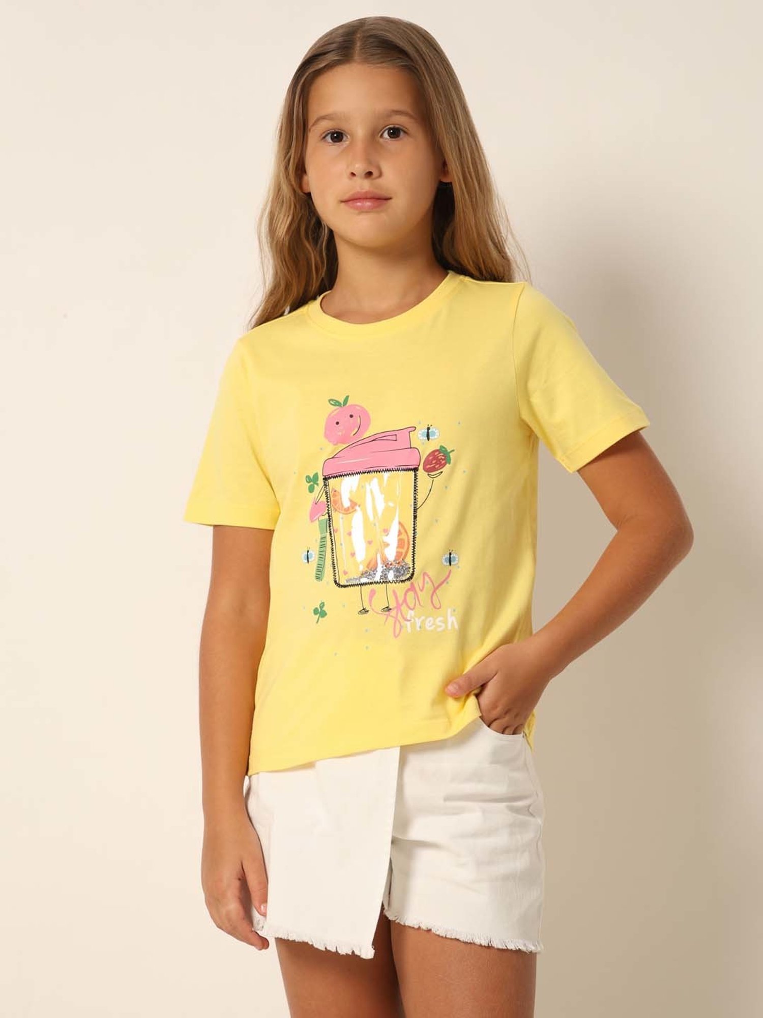 VERO MODA GIRL Yellow Cotton Printed T-Shirt