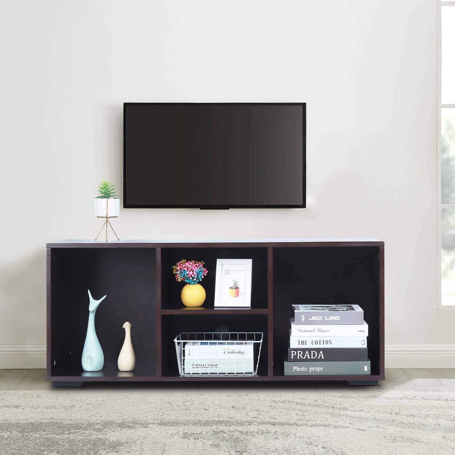 TINSAWOOD TV Stand Media Console with Wooden Frame Living Room Storage Cabinet Entertainment TV Stands,42 Inch