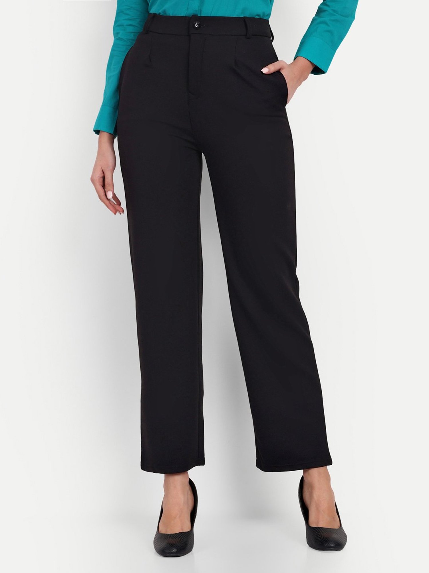 Broadstar Black Straight Fit High Rise Trousers