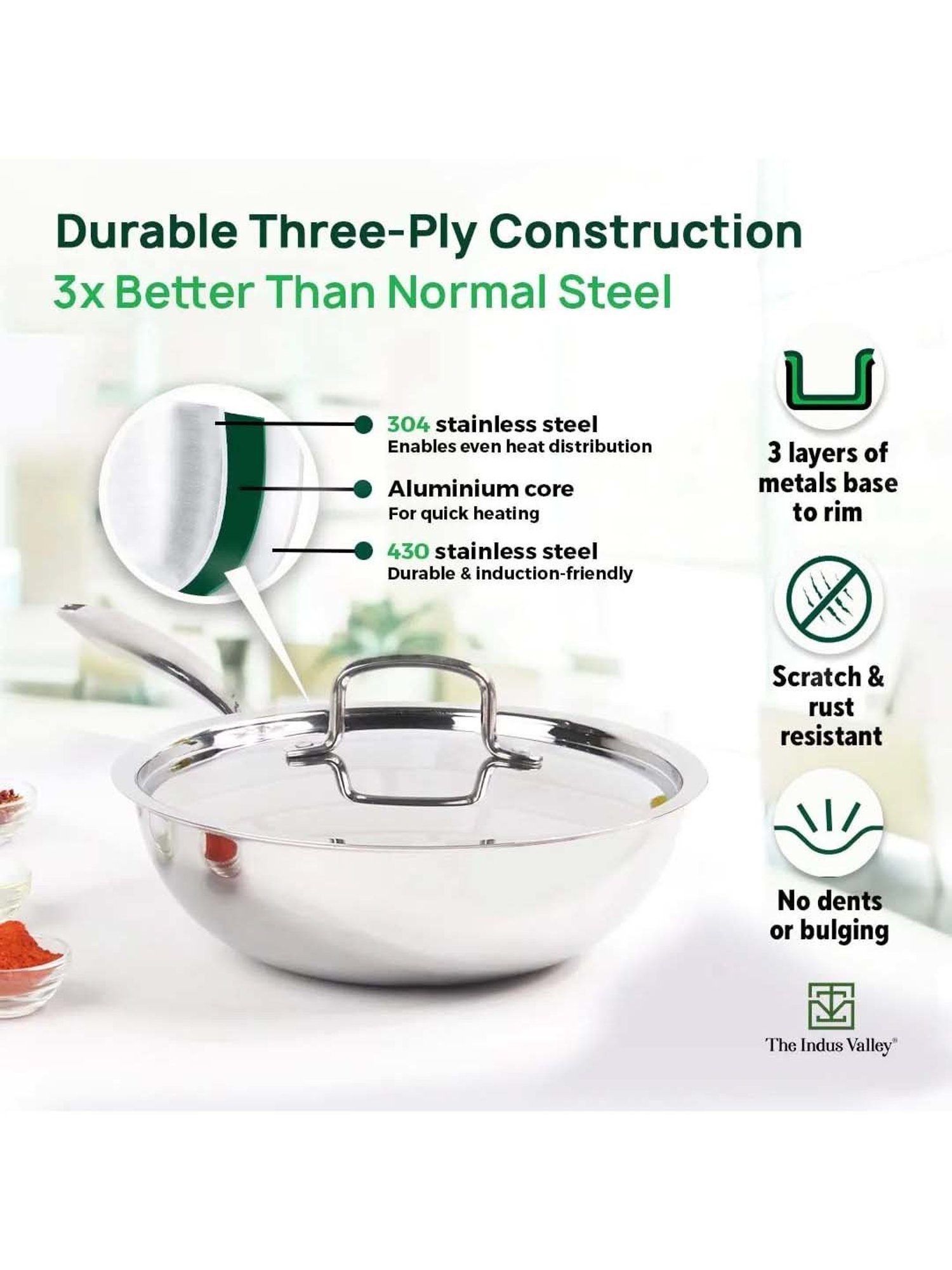 The Indus Valley Silver Stainless Steel 22 cm Induction Compatible Kadai With Lid (1.8 L)