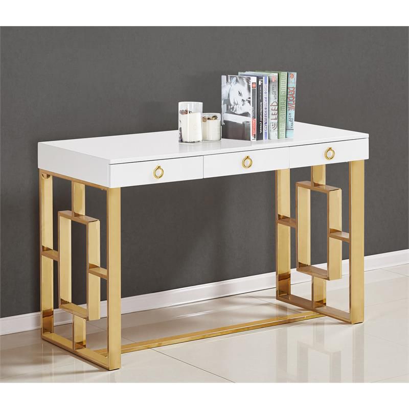 Brooks 3-Drawer Wood and Stainless Steel Frame Writing Desk - Gold - Best Master Furniture