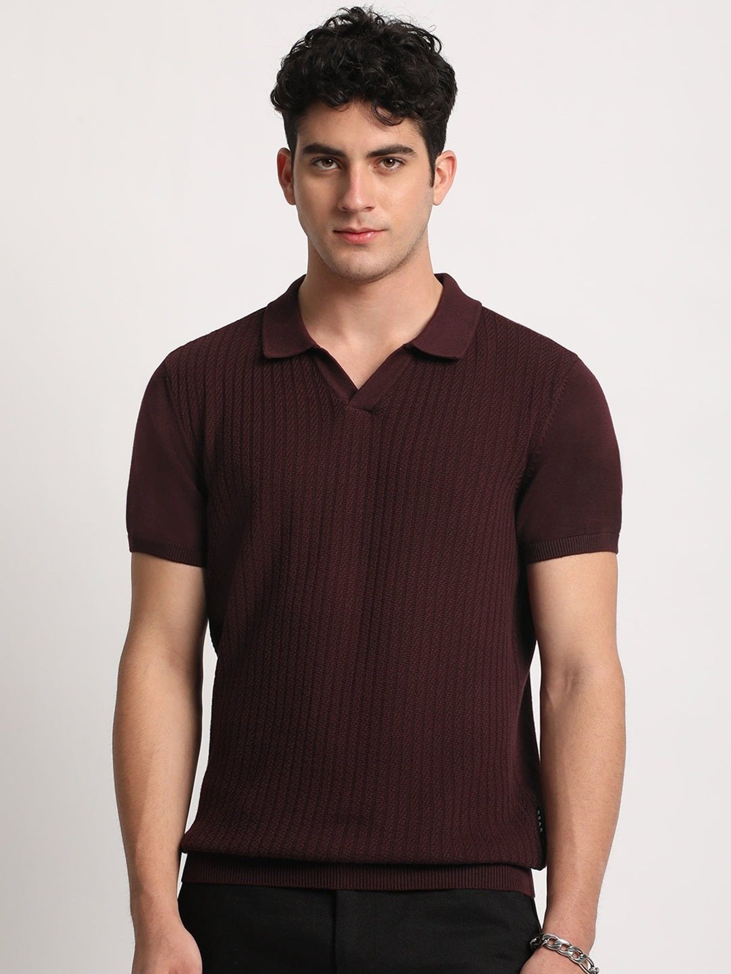 The Bear House Maroon Cotton Regular Fit Self Pattern Polo T-Shirt