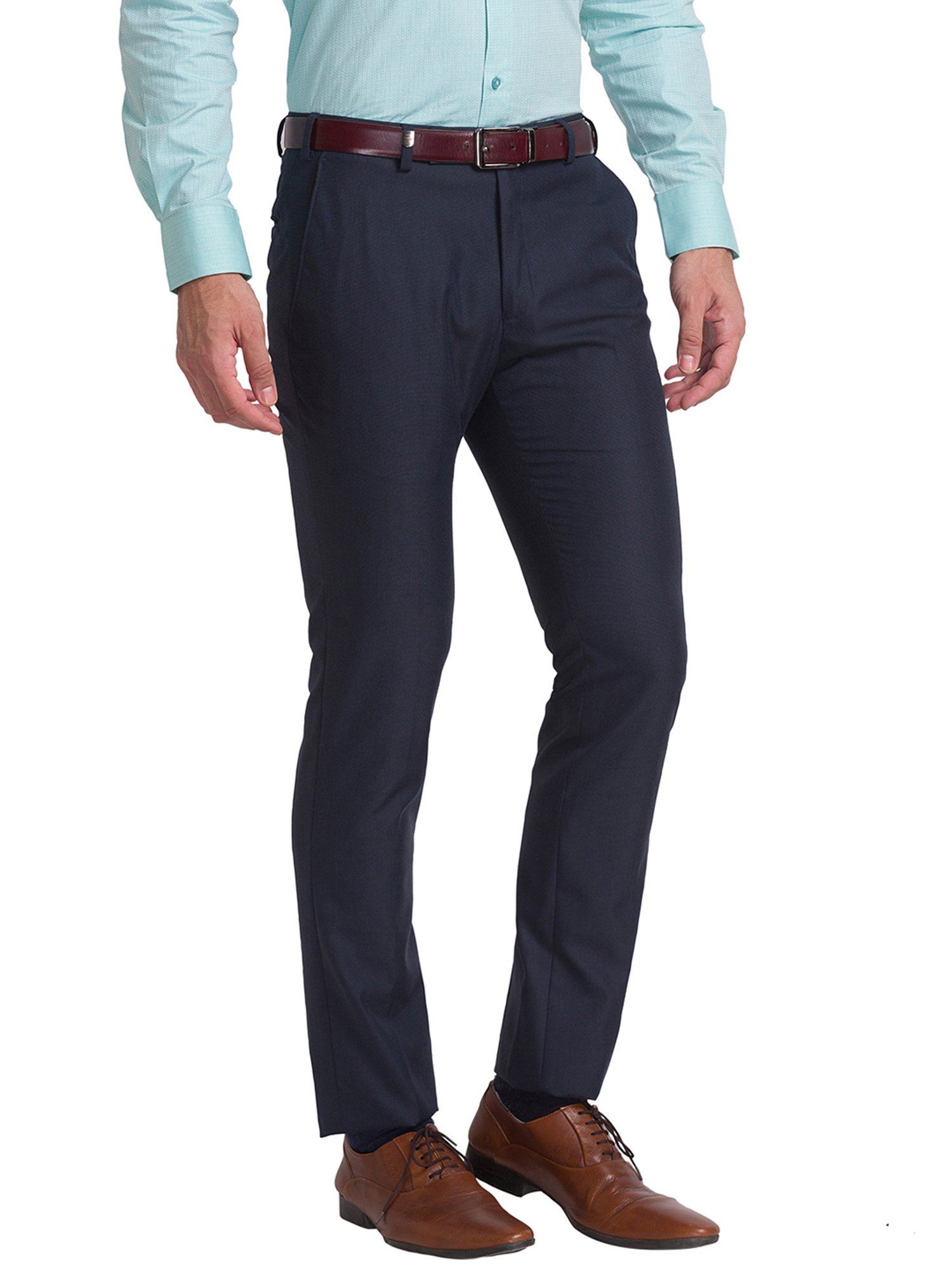 Park Avenue Navy Super Slim Fit Self Design Flat Front Trousers