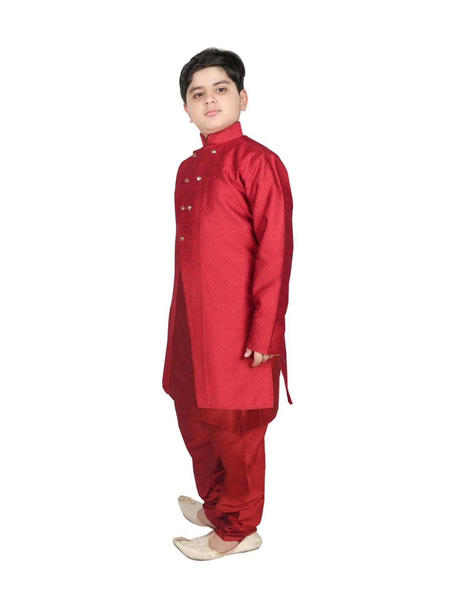 SG Yuvraj Kids Maroon Textured Pattern Full Sleeves Kurta Set