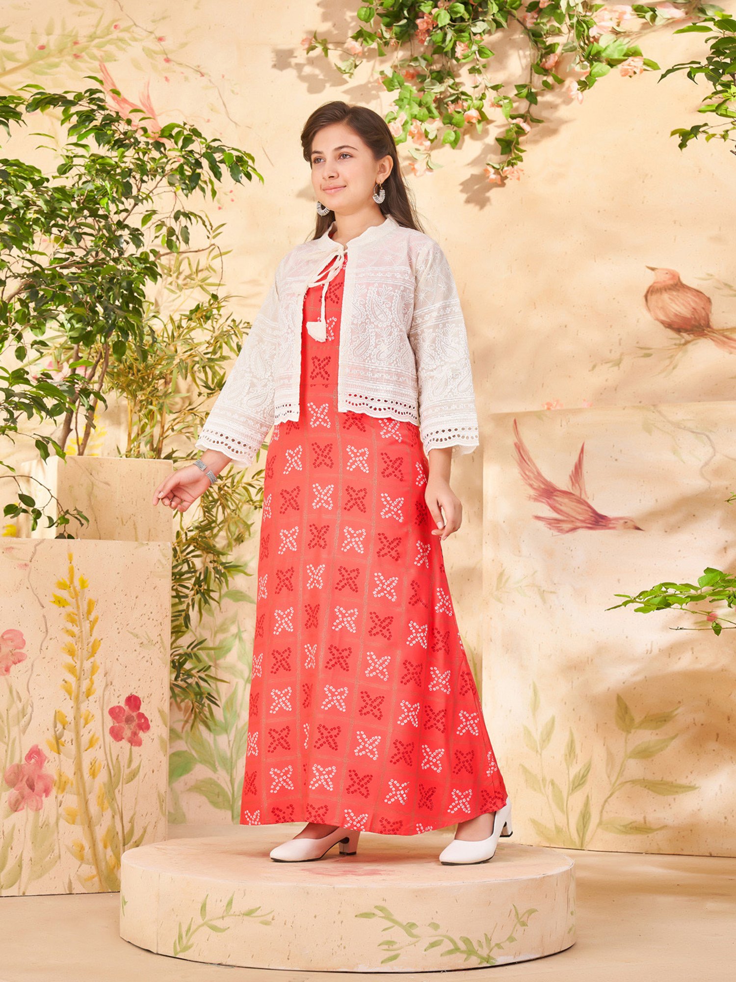 Aarika Girls Coral & Cream Embroidered Dress with Jacket