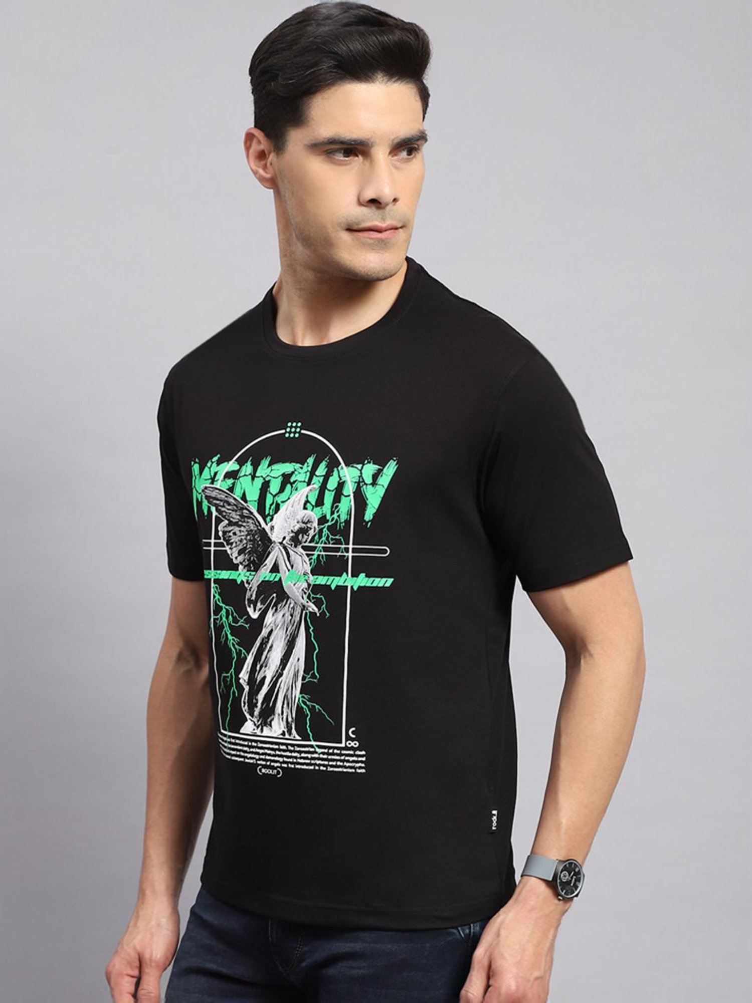 Rock.it Black Cotton Regular Fit Printed T-Shirt
