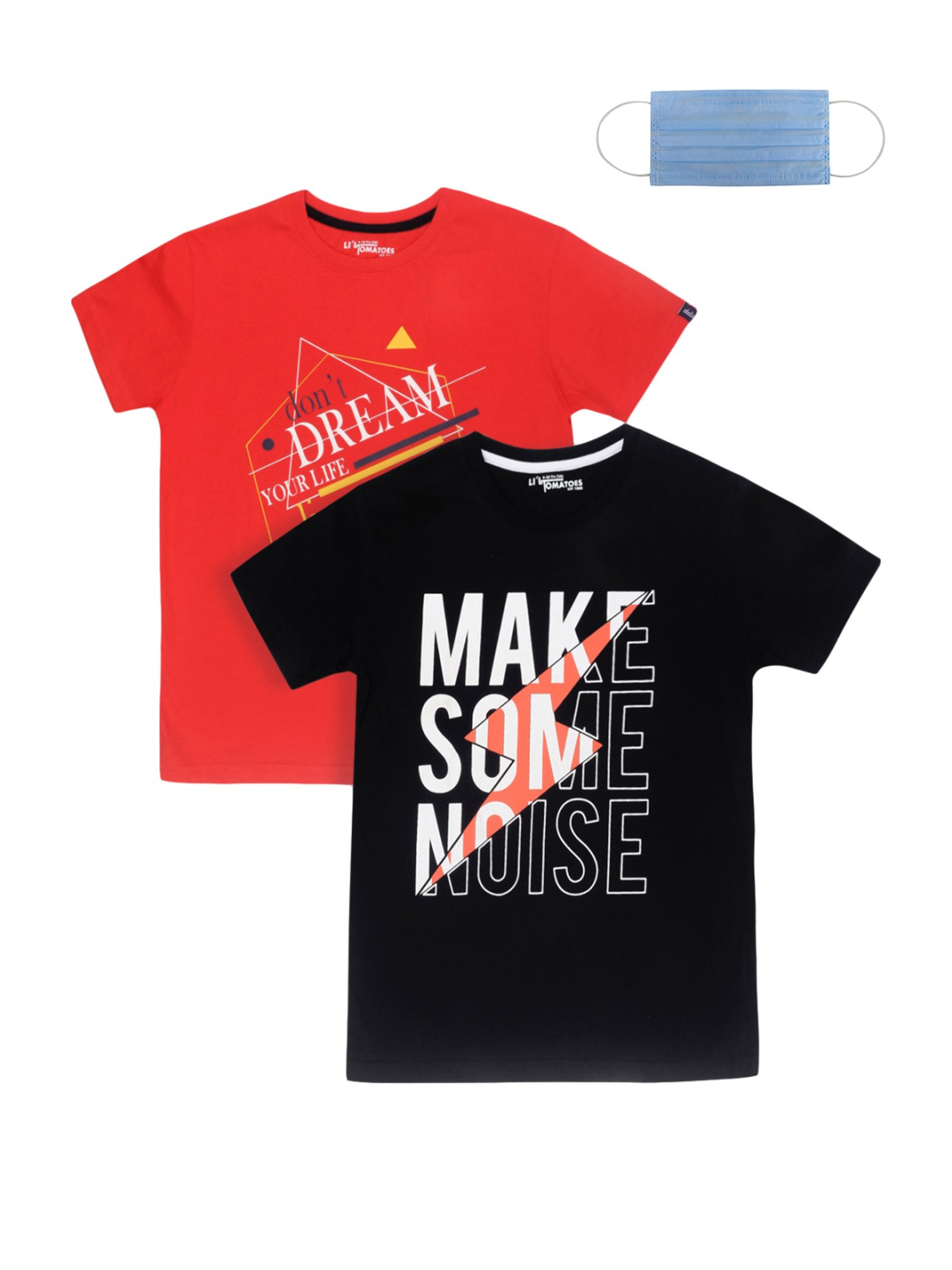 Li'l Tomatoes Kids Red & Navy Cotton Printed T-Shirts & Mask - Pack of 2