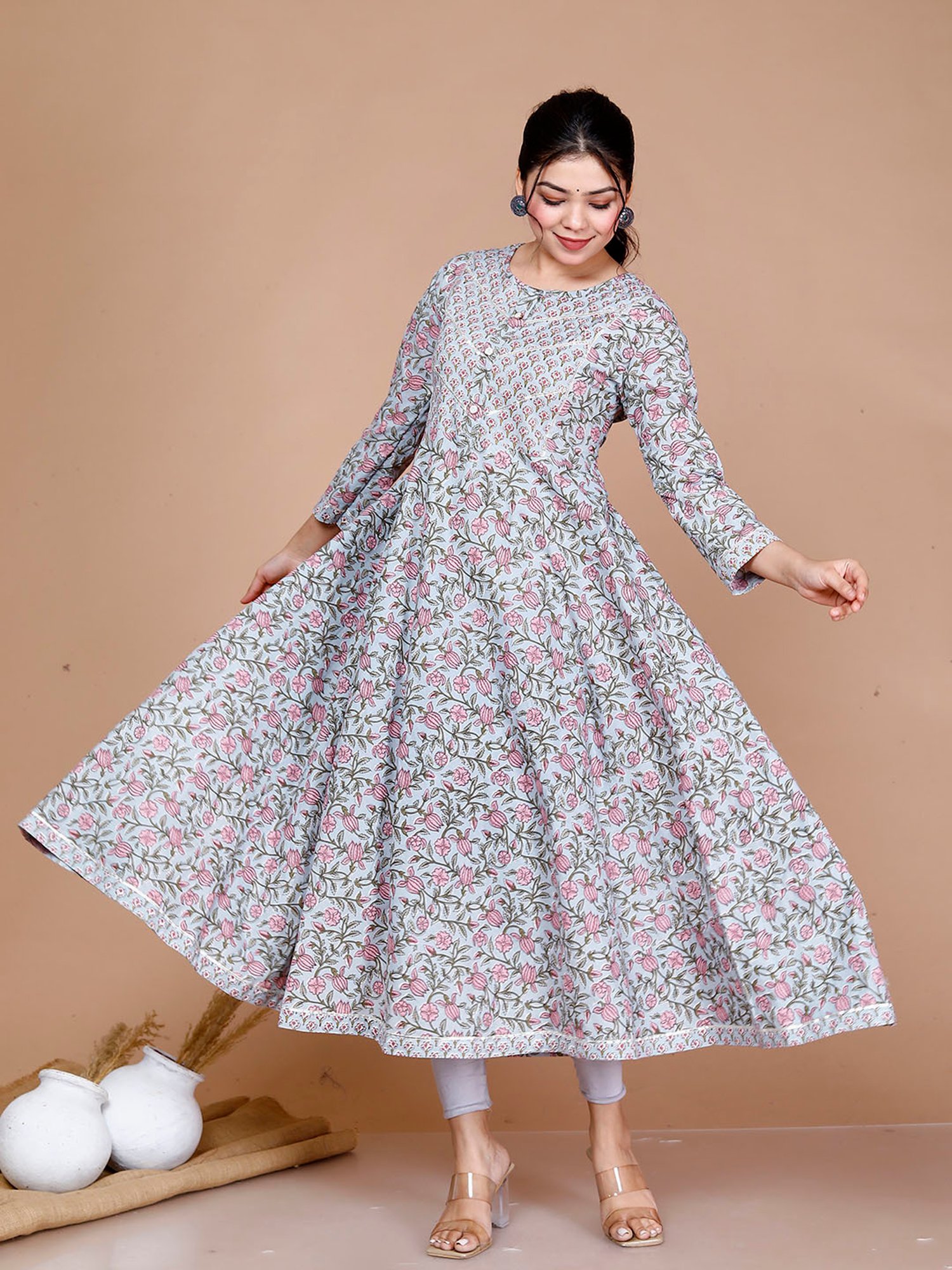 Miravan Light Blue Floral Print Fit & Flare Kurta