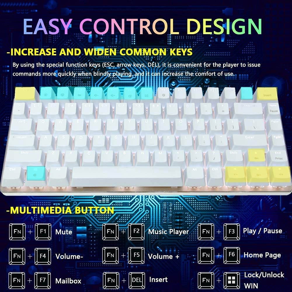 AK33 Wired Mechanical Gaming Keyboard, Rainbow LED Backlit USB Wired 82 Keys E-Sport Gamer Computer Keypad with Anti-ghosting Keys for Playing Games and Office Typists