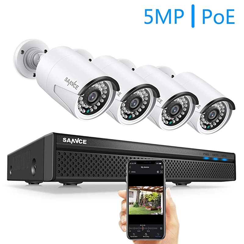 8CH 5MP PoE Home Security Camera System, 4pcs Wired 5MP Outdoor PoE Cameras, 5MP 8-Channel NVR Security System with NO HDD for 24/7 Recording, Motion Alert, Smartphone, PC Easy Remote Access