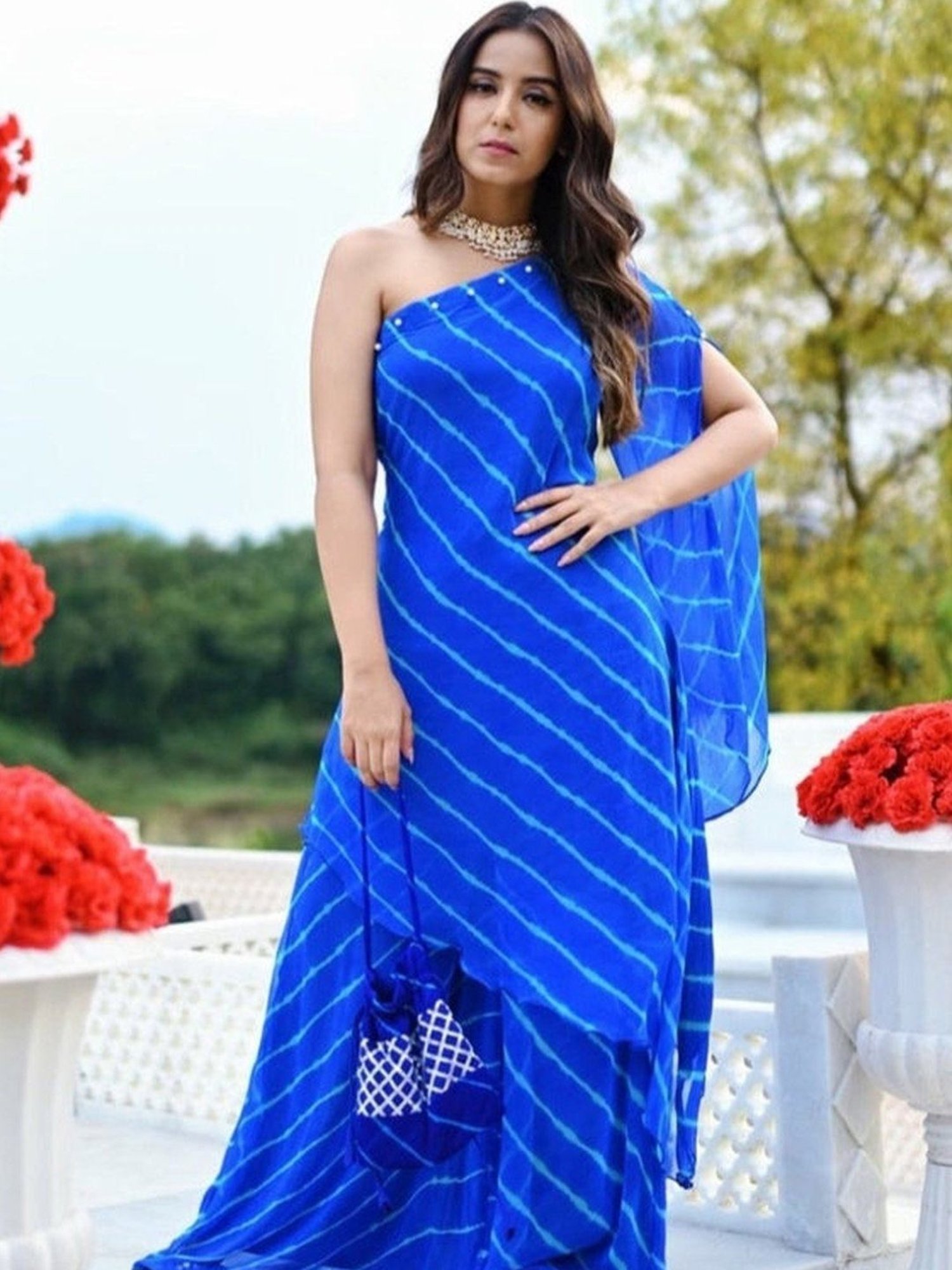 Thread and Button Blue Embellished One Shoulder Womens Kurta with Bottom