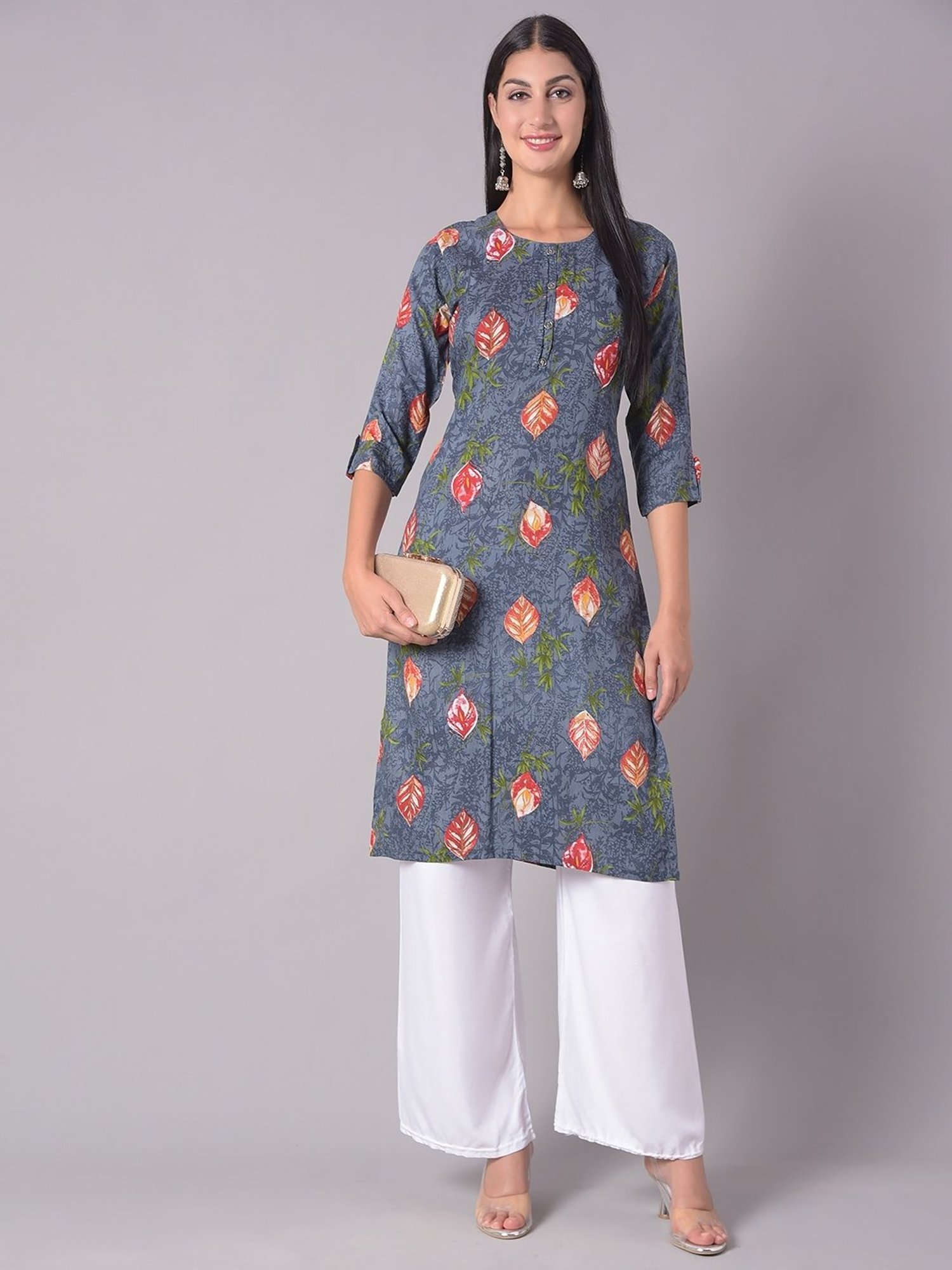 Dollar Missy Grey Floral Print Straight Kurta