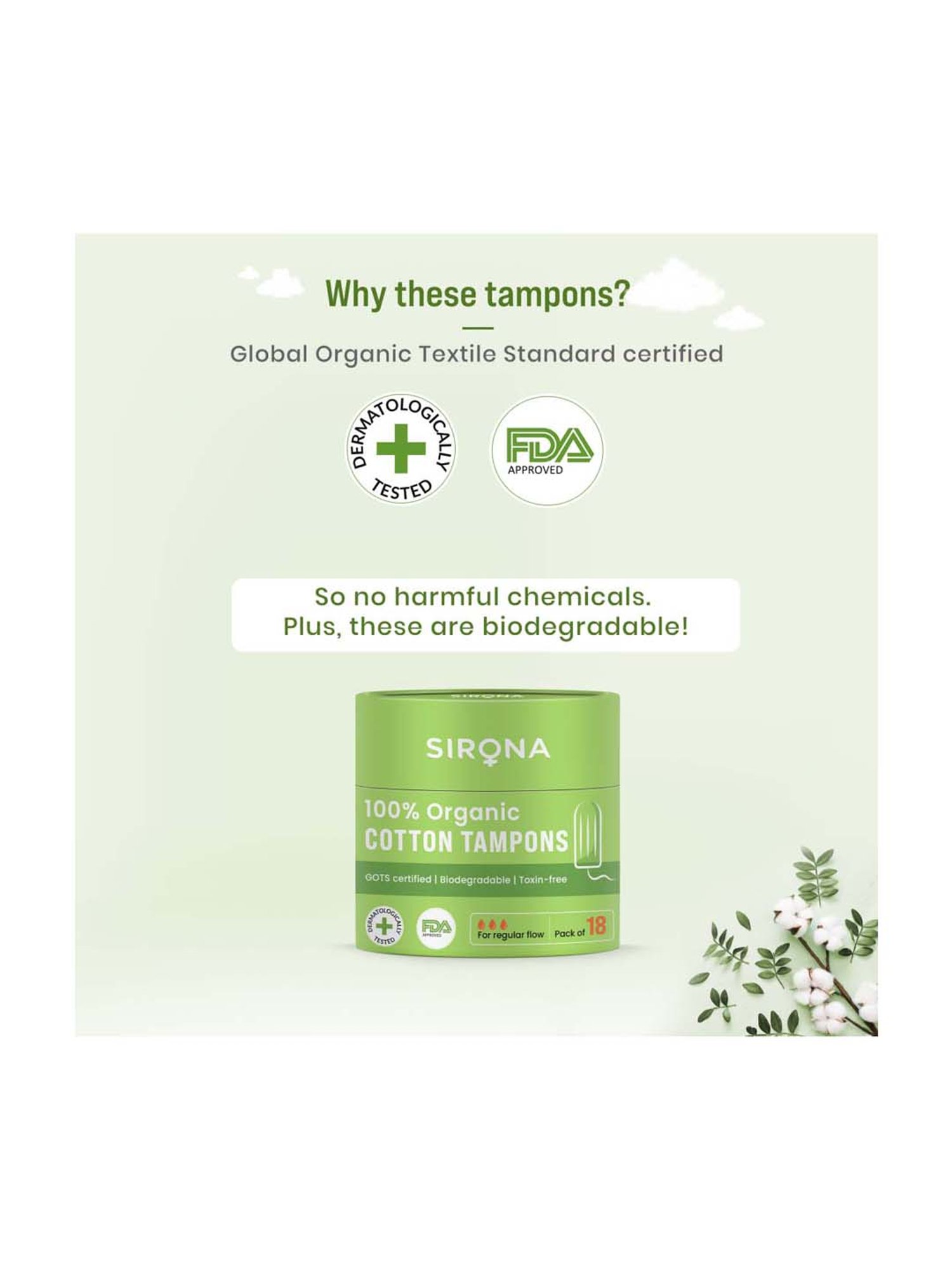 Sirona 100% Organic Cotton Tampons for Regular Flow - 18 Pcs