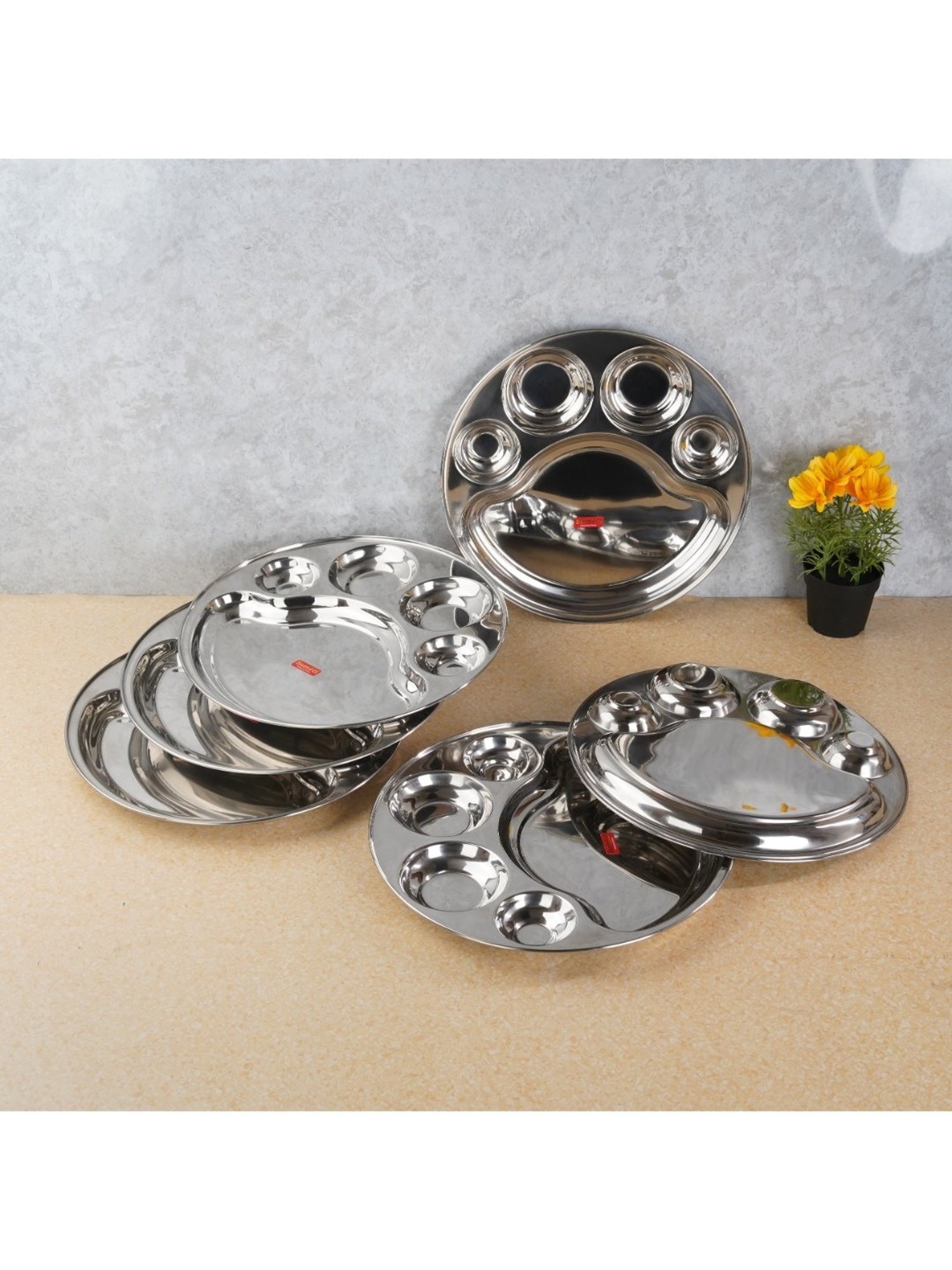 Sumeet Stainless Steel Round 5 in 1 Compartment Lunch / Dinner Plate Set of 6Pcs, 34cm Dia, Silver