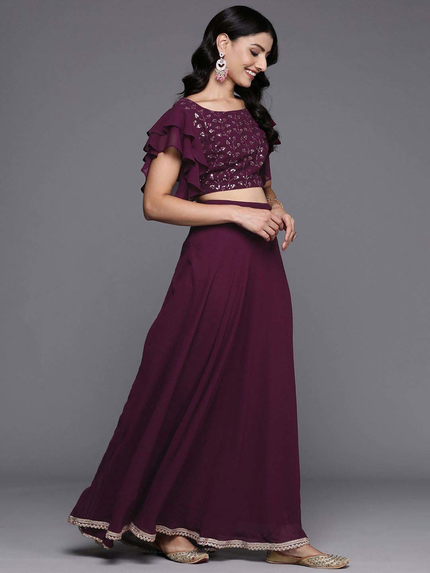 Libas Wine Plain Lehenga Choli Set