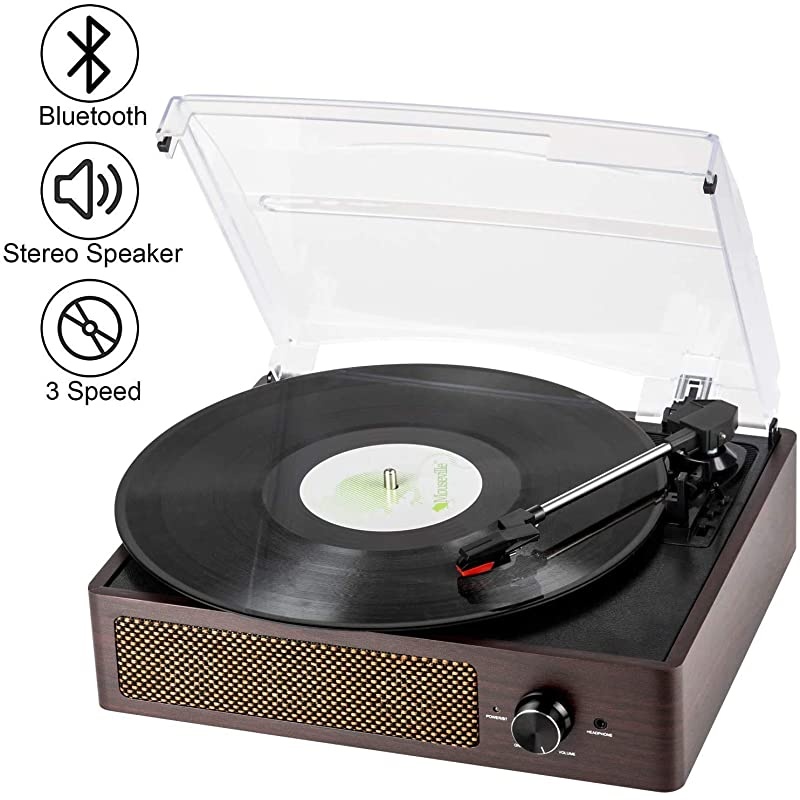Record Player Belt-Driven 3-Speed Turntable, Vintage Vinyl Record Players Built-in Stereo Speakers, with Headphone Jack/ Aux Input/ RCA Line Out, Wooden (Brown)