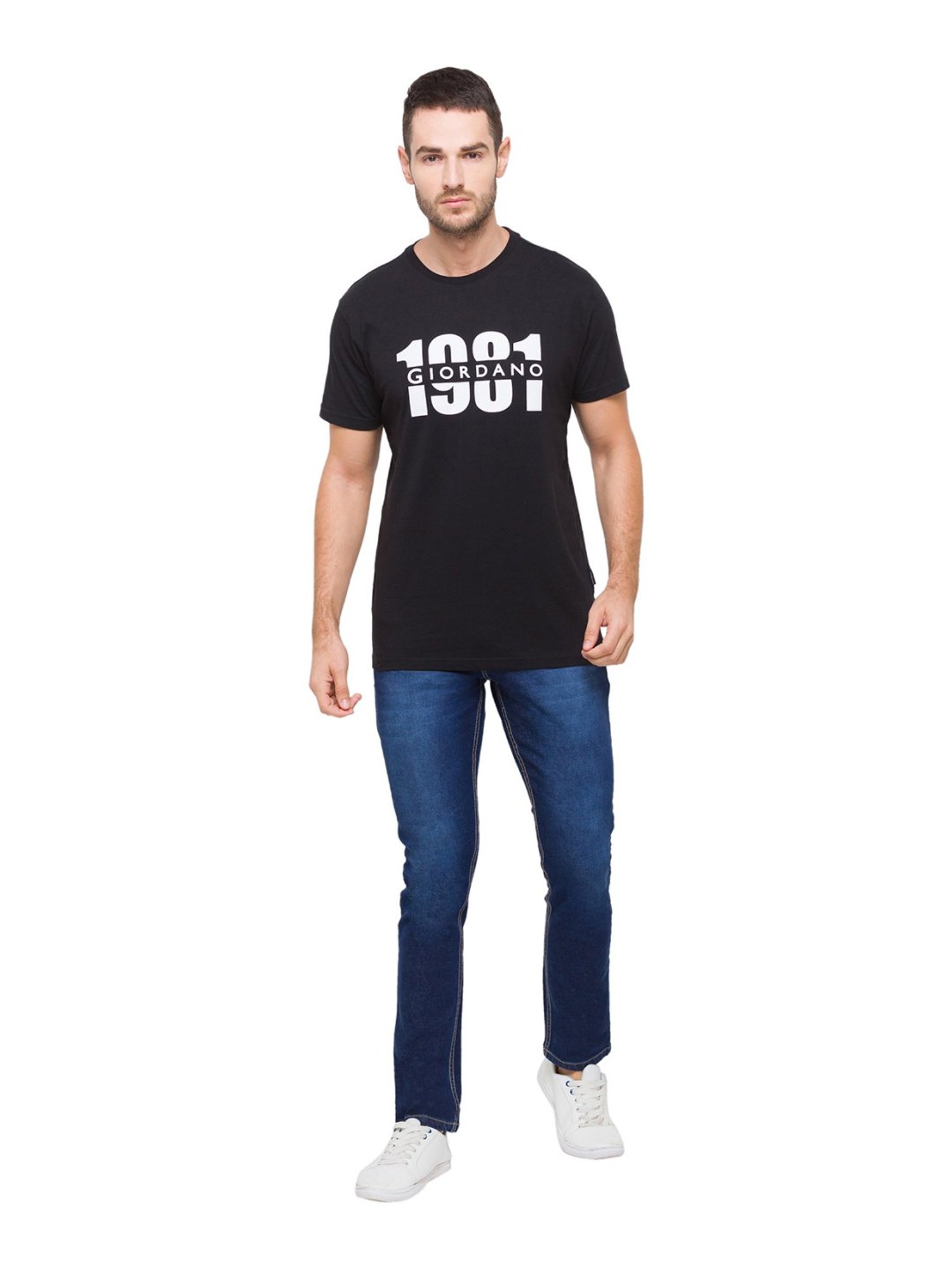 Giordano Black Cotton Slim Fit Logo Printed T-Shirt