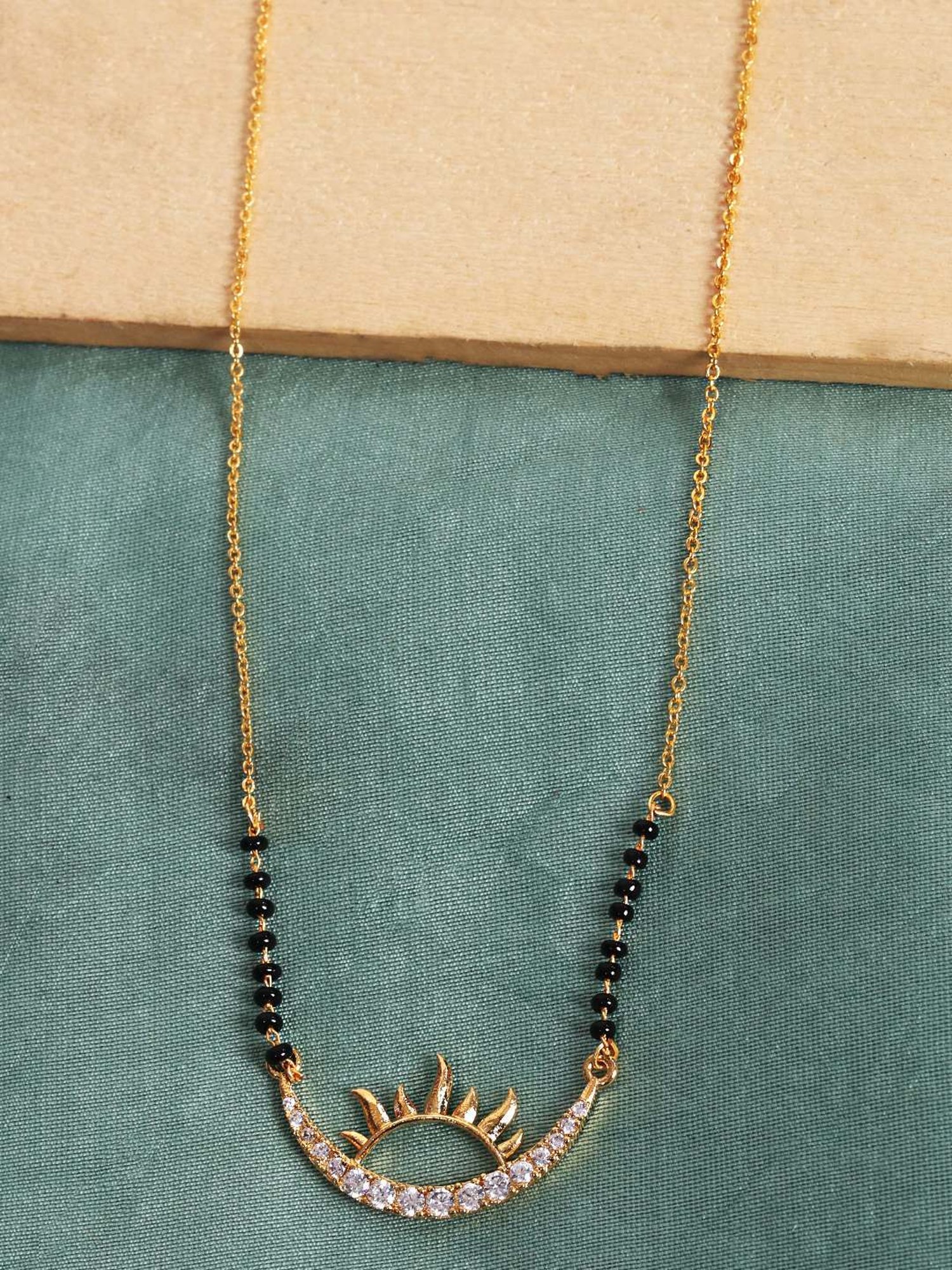 Abdesigns Gold-Plated Black Beaded American Diamond Mangalsutra