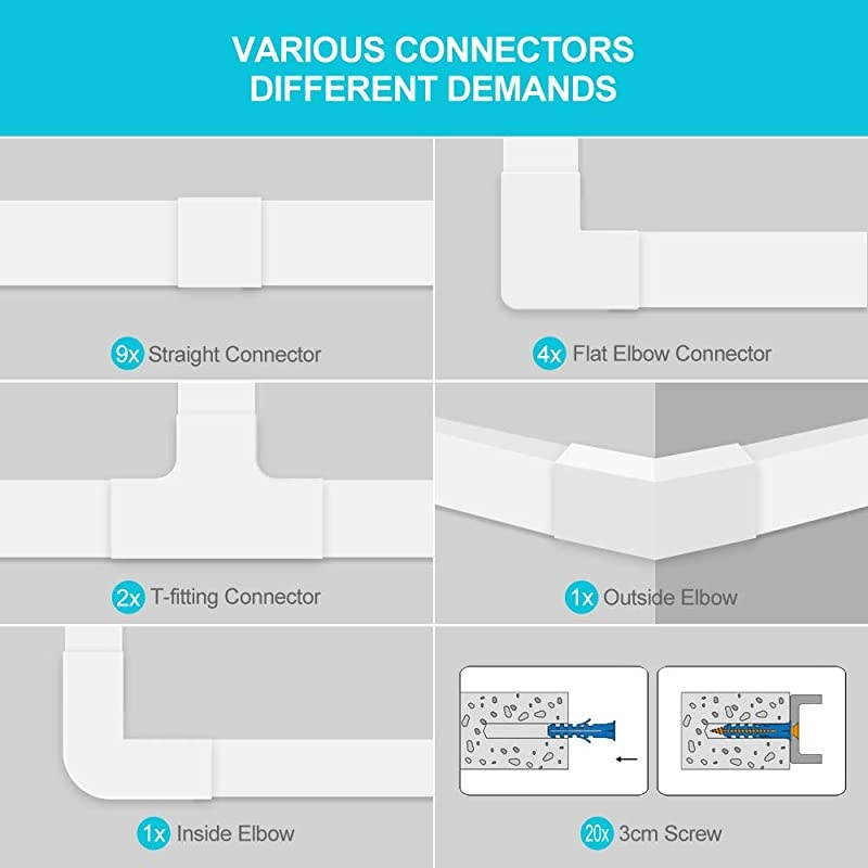 Concealer Management Raceway Kit 10 White Channels Cord Hider Kit to Hide Wires for Wall Mount TV Offices and Computers 157 X 091 X 051 InchLWH