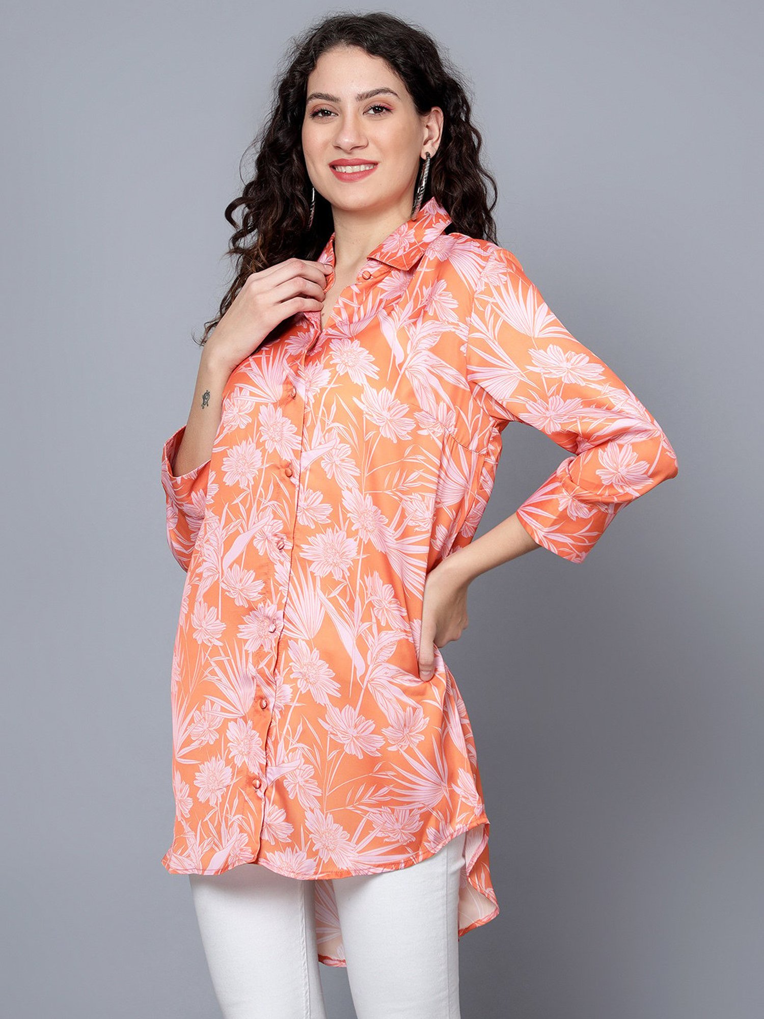 Anvi Be Yourself Orange & White Printed Long Shirt
