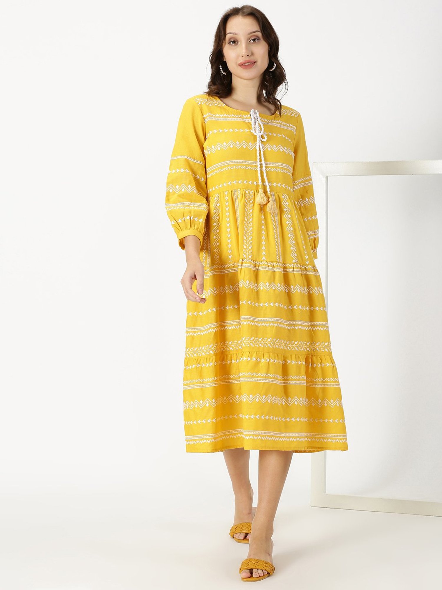 Saffron Threads Yellow Cotton Embroidered Ethnic Dress