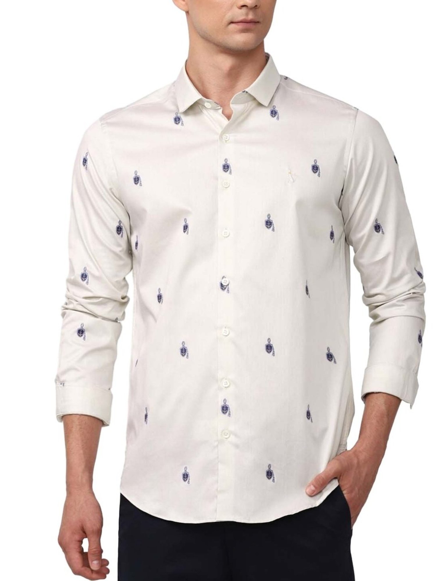 Simon Carter London Beige Printed Slim Fit Casual Shirt