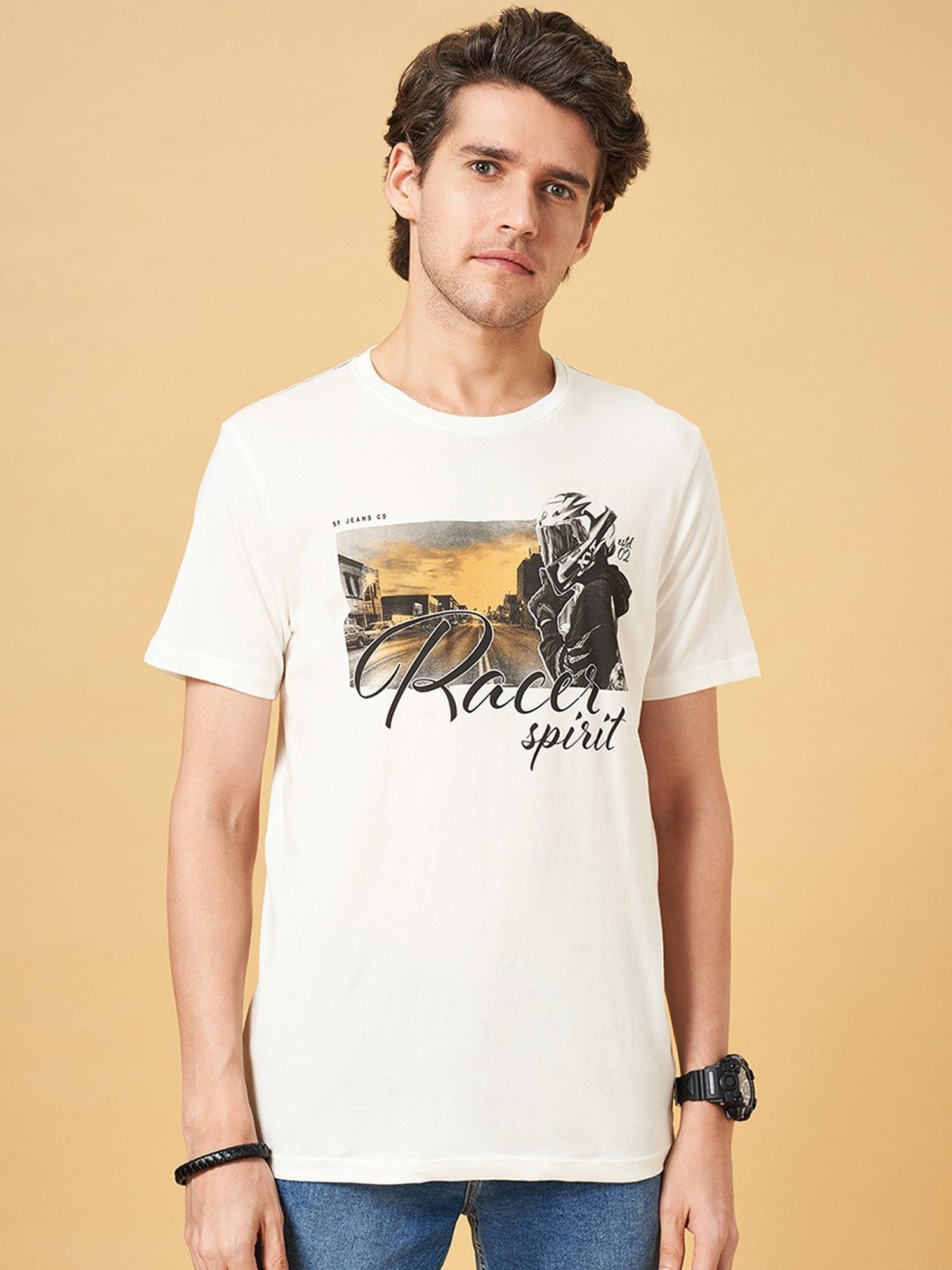 Sf Jeans By Pantaloons Beige Slim Fit Printed T-Shirt