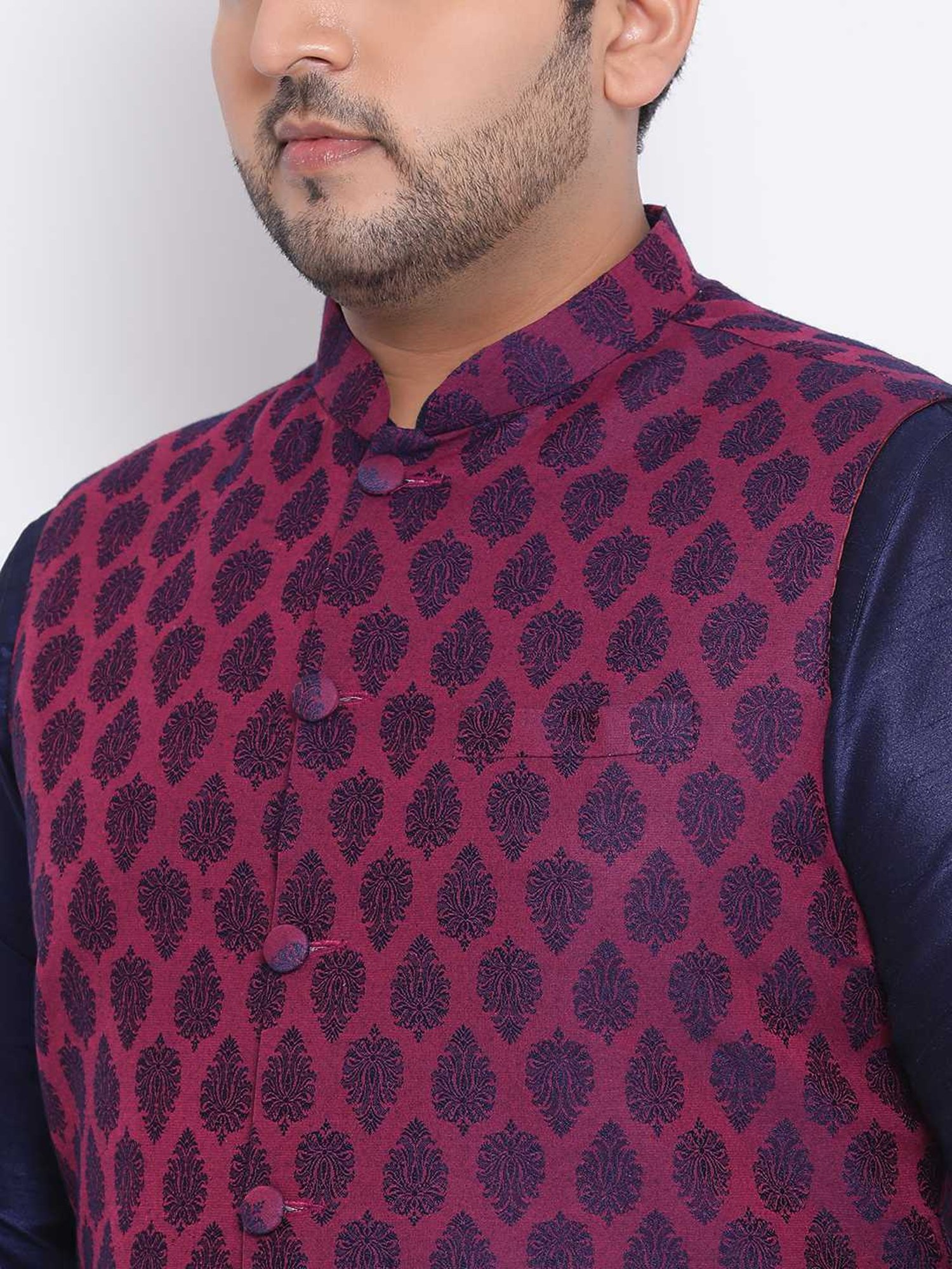 KISAH PLUS Navy & Purple Regular Fit Printed Kurta Set With Jacket