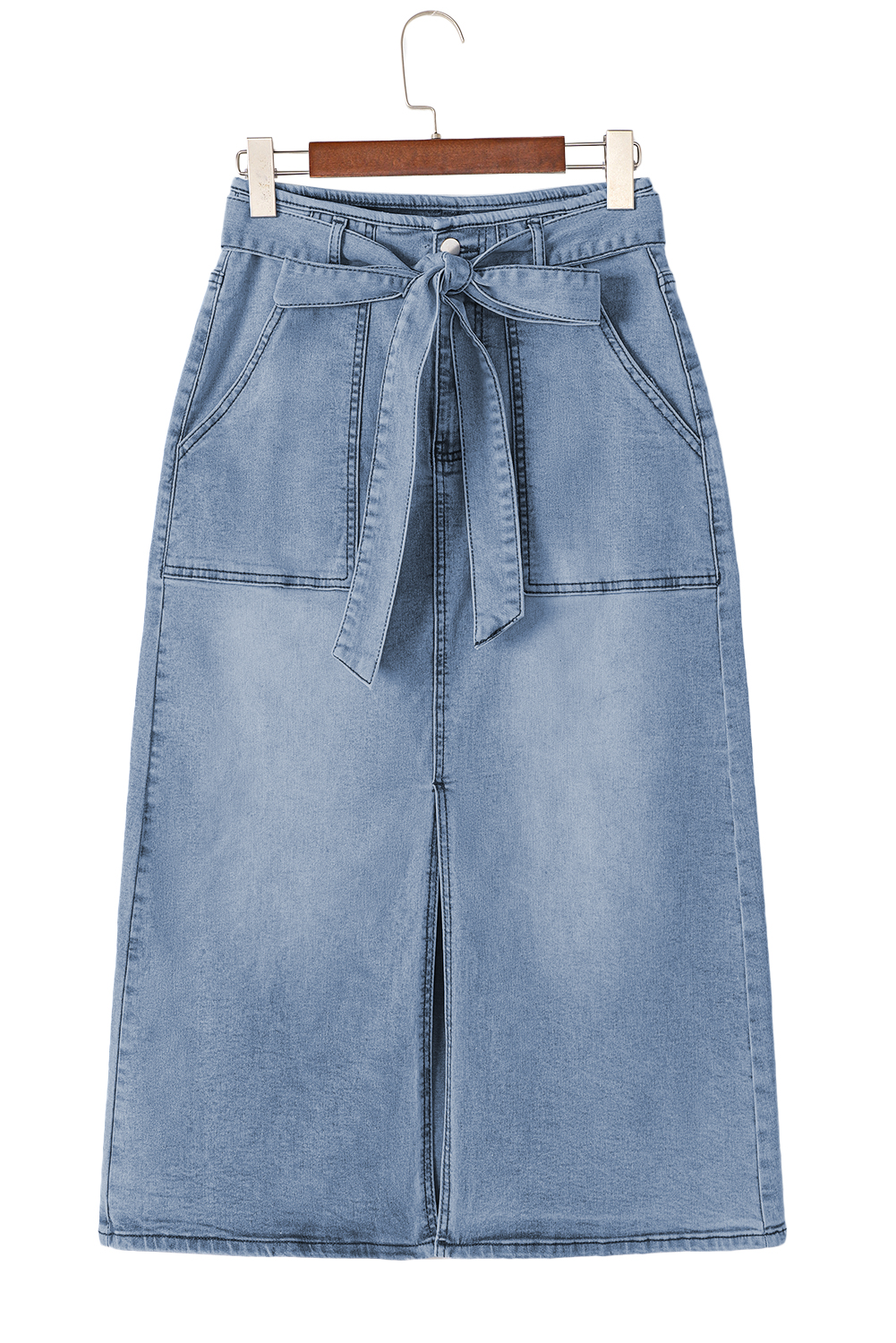 Dusk Blue Light Washed Belted High Waist Denim Skirt
