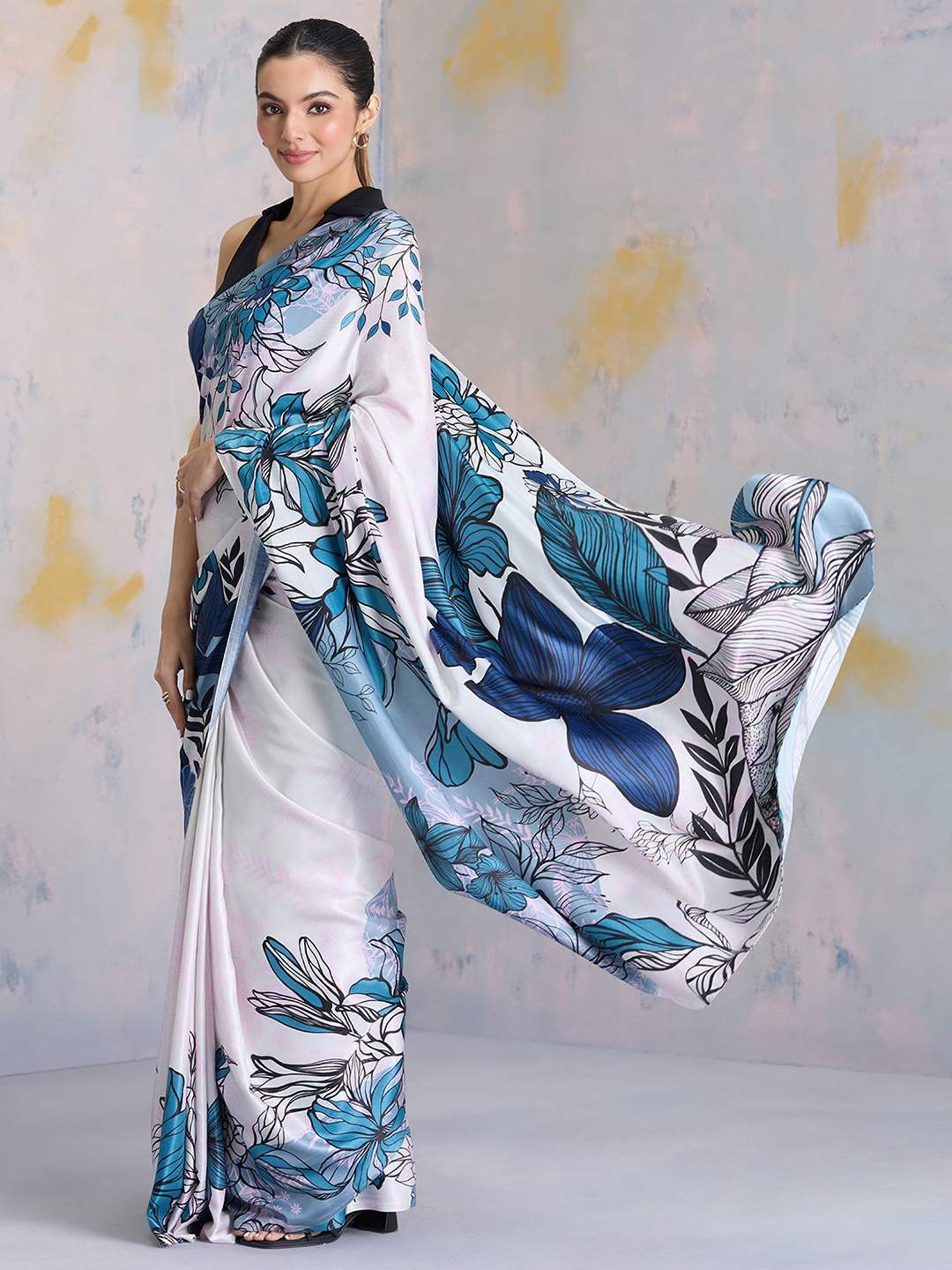 navyasa by liva White & Blue Printed Saree With Unstitched Blouse