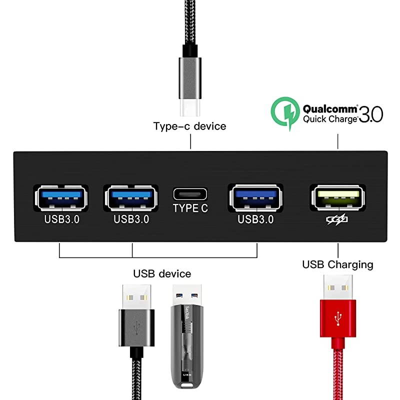 USB 3.0 HUB 3.5 Inch Internal Front Metal Brushed Panel and 1-Type-C Port/ 3-USB 3.0 Ports with QC3.0 18W Fast Charging Port