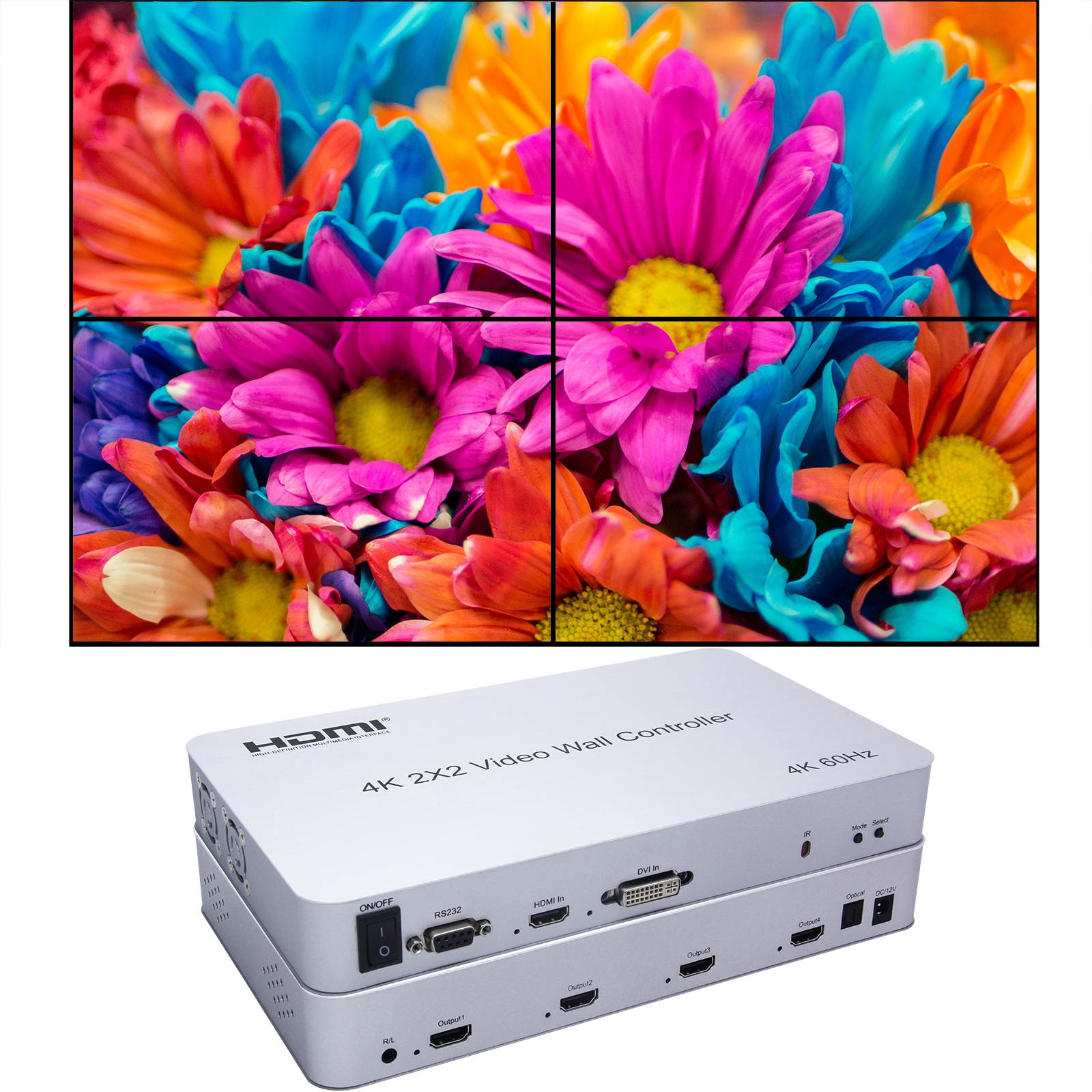 Video Wall Controller 2x2 4K Processor Support 3840x2160@60Hz HDMI Support 2x2,1x2,1x4 with 1 DVI or HDMI Input 4 HDMI Output