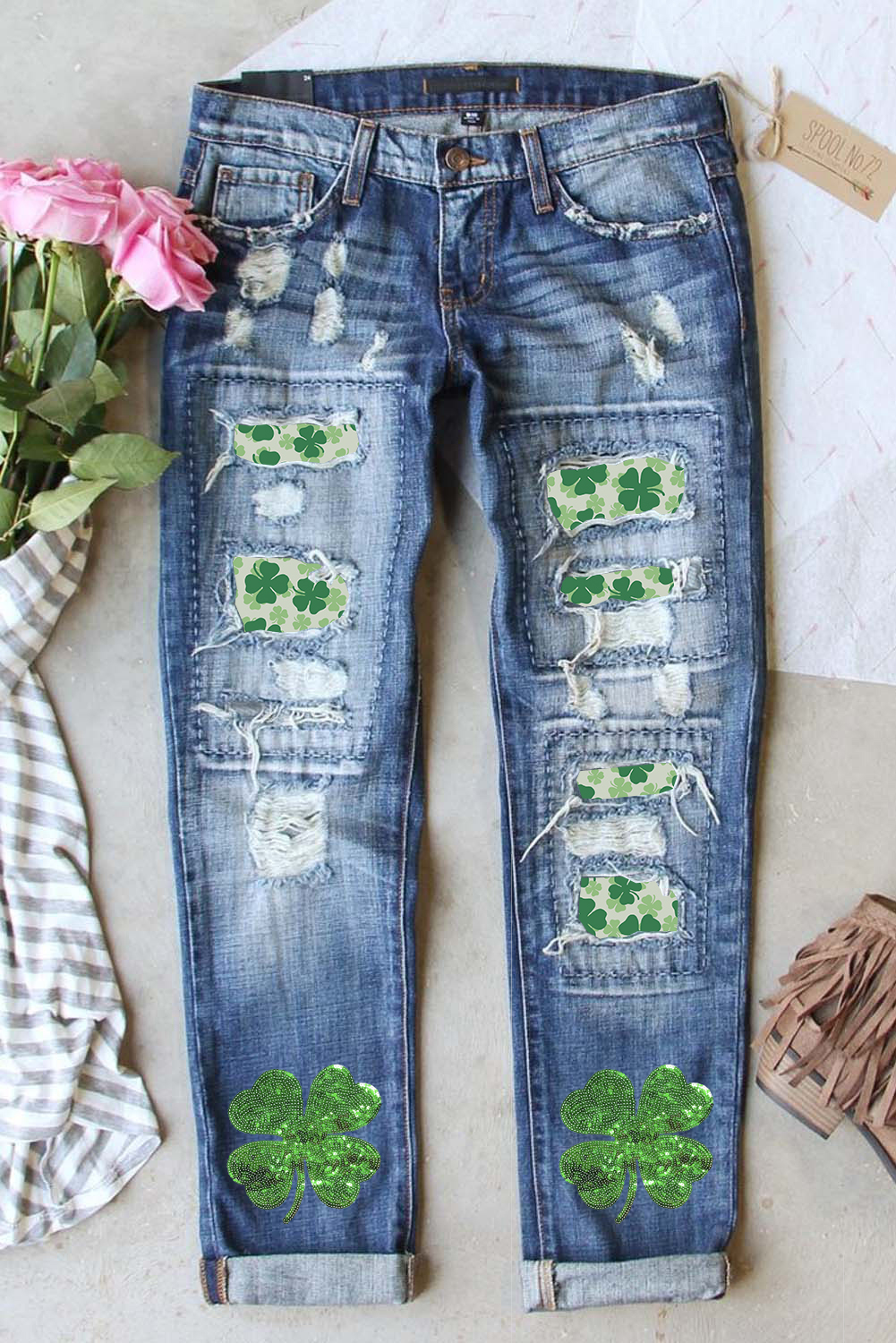 Blue Sunflower Print Ripped Mid Rise Straight Leg Graphic Jeans
