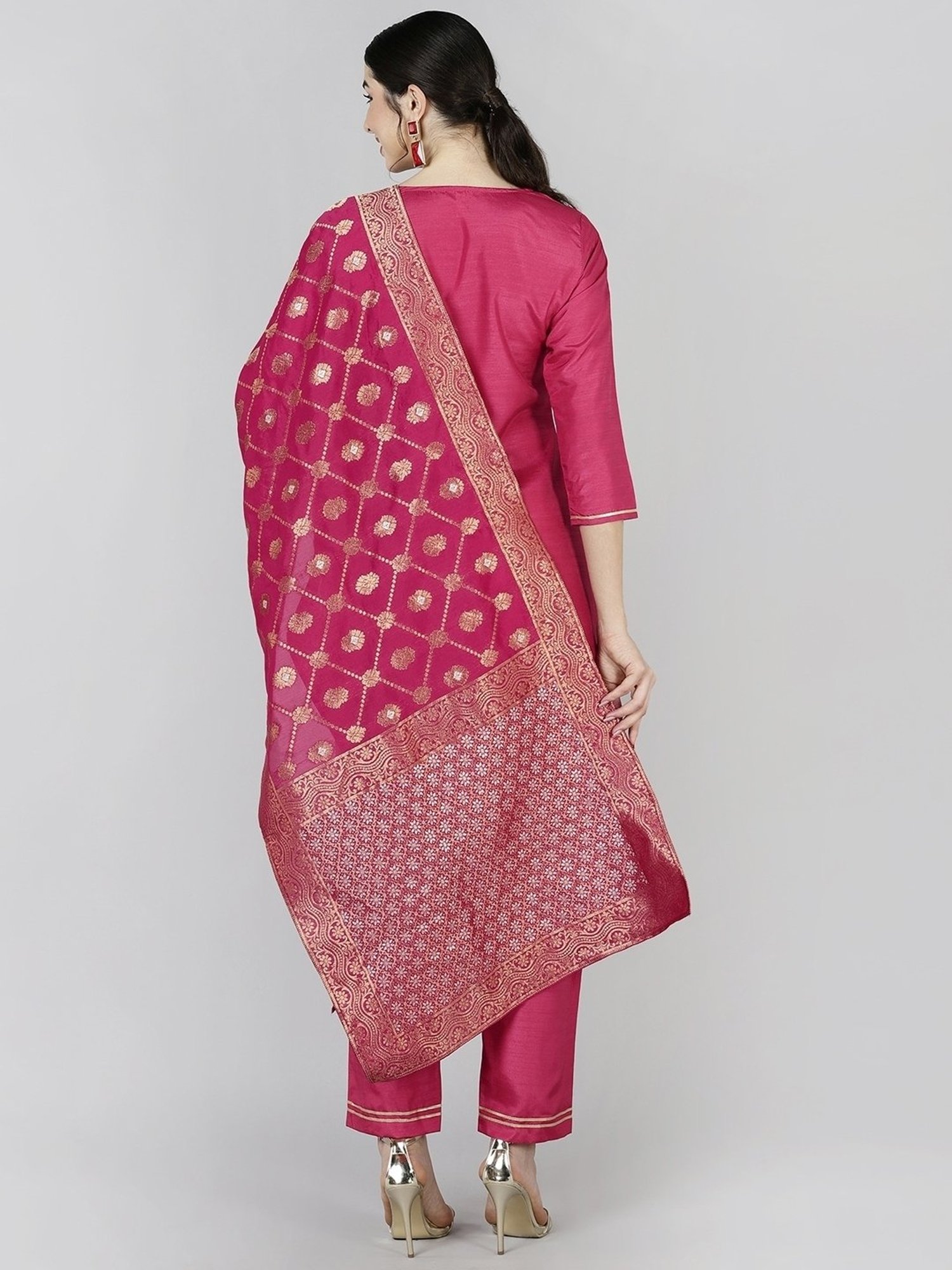 Vaamsi Pink Woven Pattern Kurta Pant Set With Dupatta
