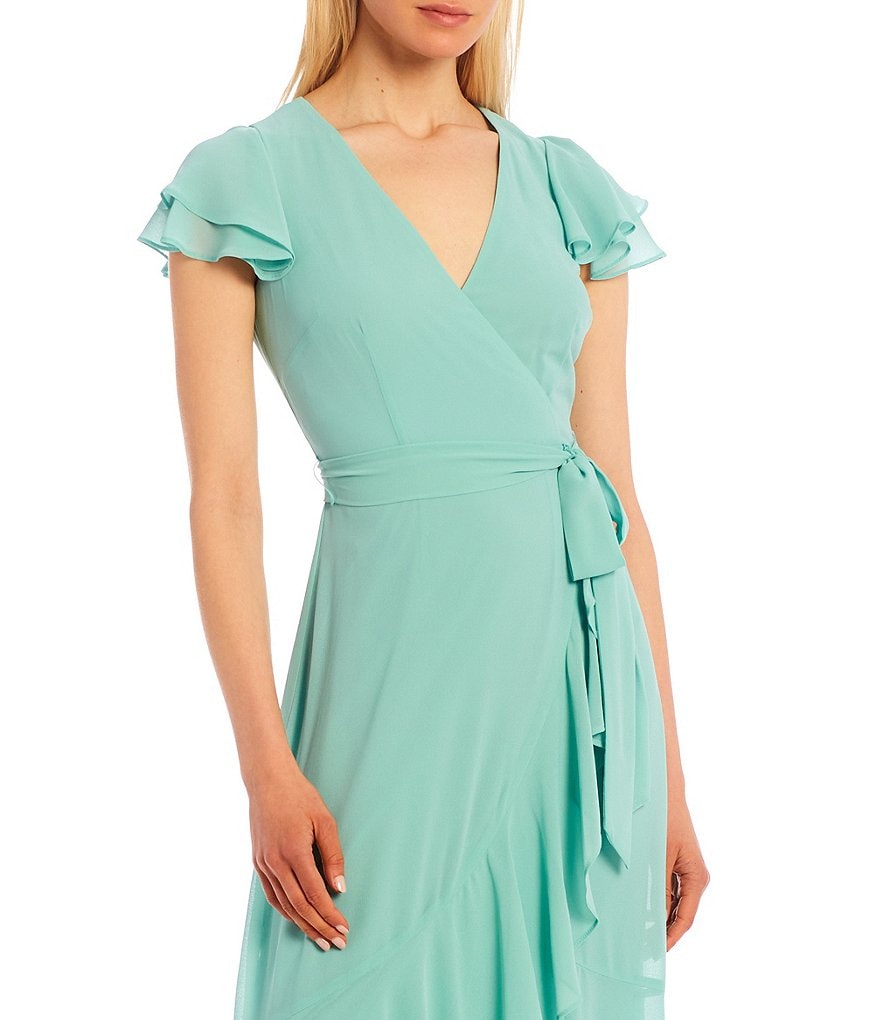 Eliza J Chiffon Ruffle Wrap Flutter Sleeve V-Neck Maxi Dress