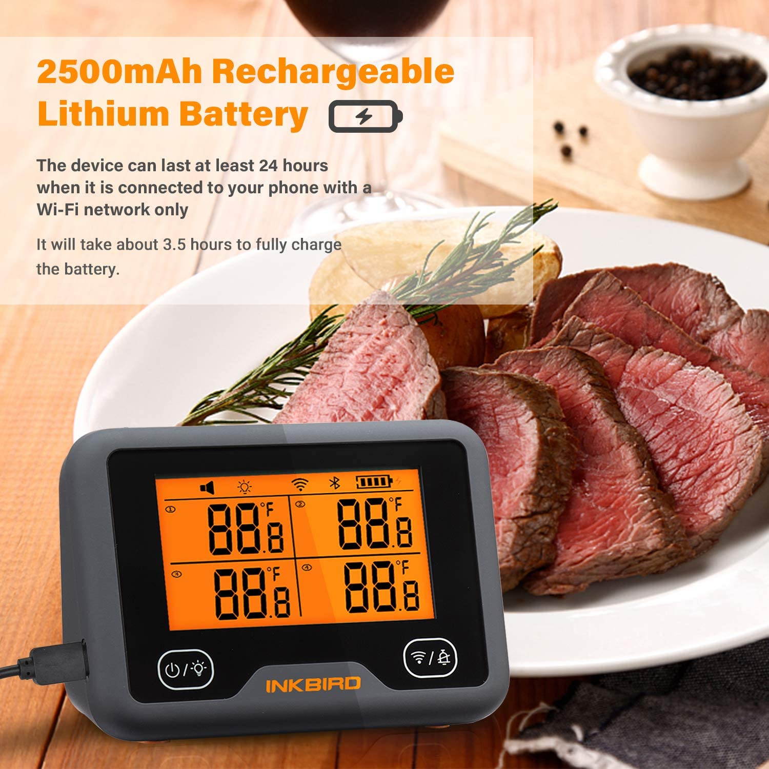 Inkbird Wi-Fi Bluetooth Grill Thermometer IBBQ-4BW, Wireless Meat Thermometer with 4 Probes, Timer, High/Low Temp Alarm, WiFi Meat Grill Thermometer for Smoker, Oven, Kitchen, Drum