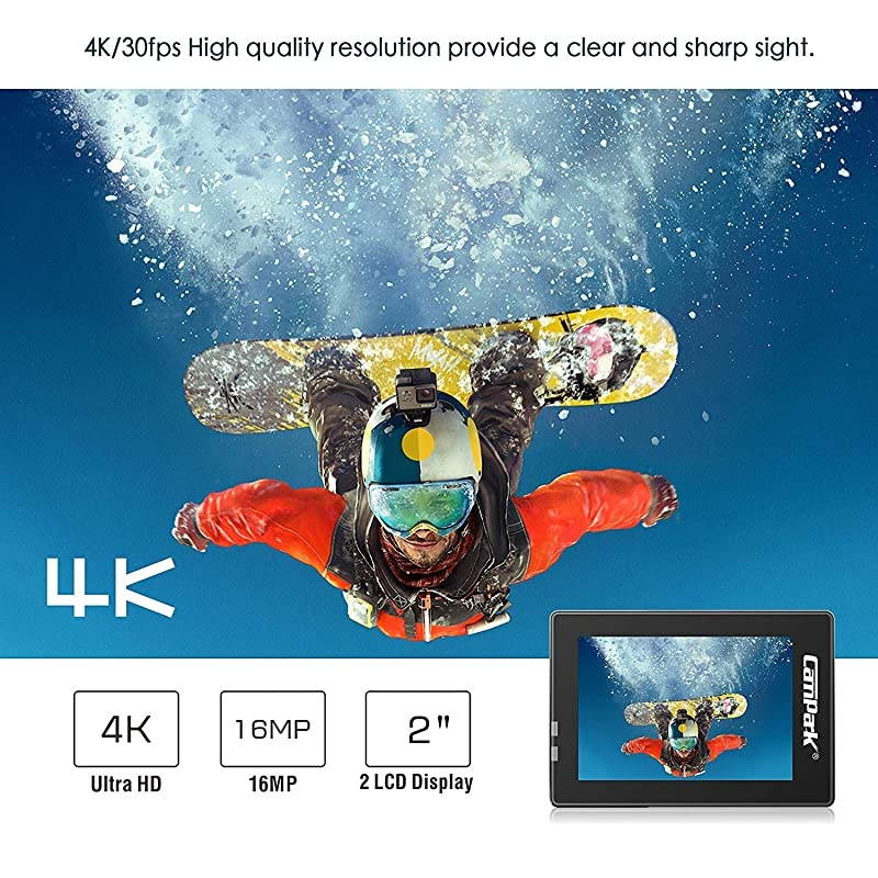 Action Camera 4K WiFi Ultra HD Camera Underwater 30M 170&deg;Wide-Angle Lens with Remote Control 2 Batteries and Mounting Accessories Kit
