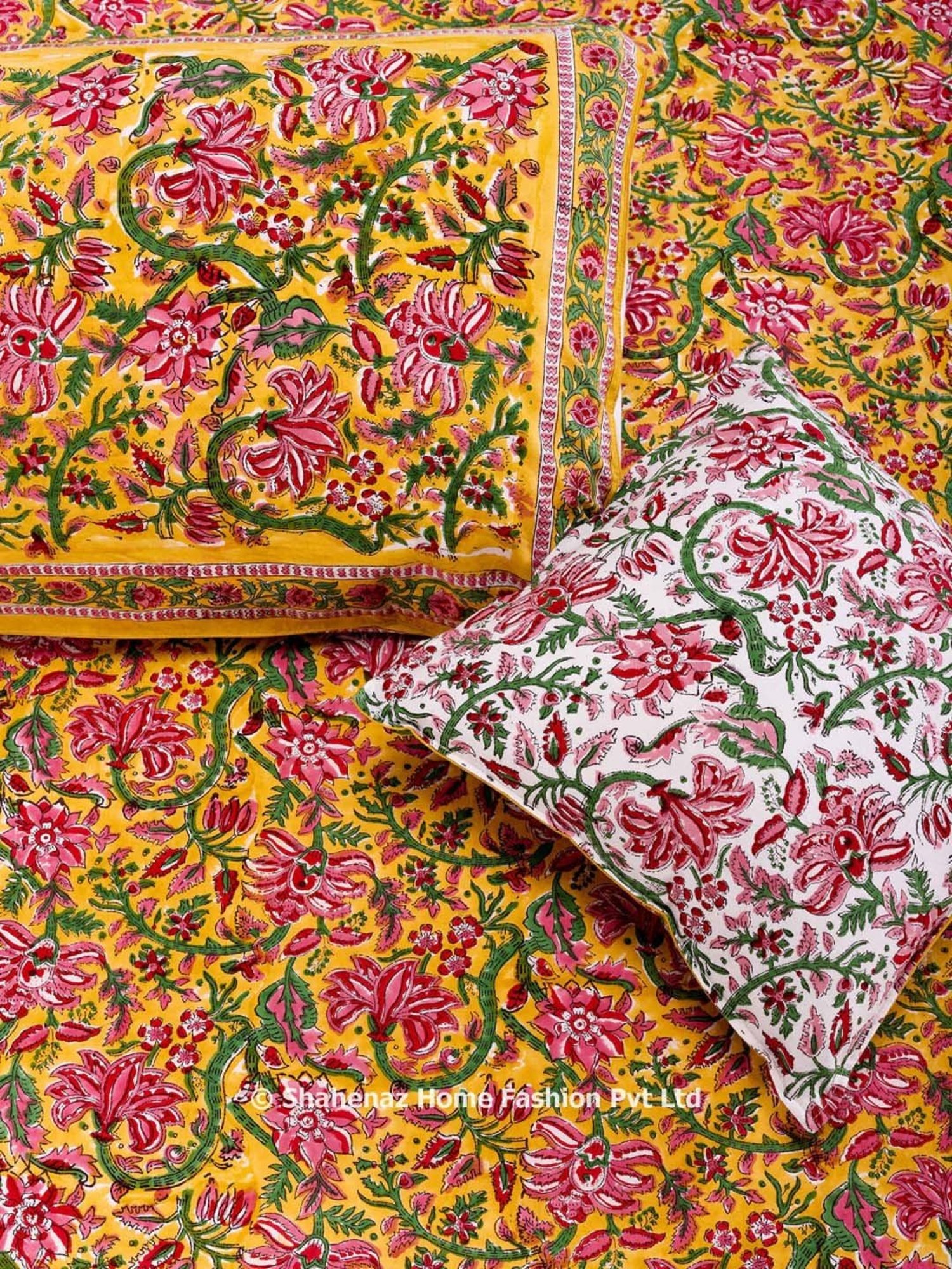 Shahenaz Mustard Yellow & Green 120 TC Cotton Gayatri Single Bedsheet with 1 Pillow Cover