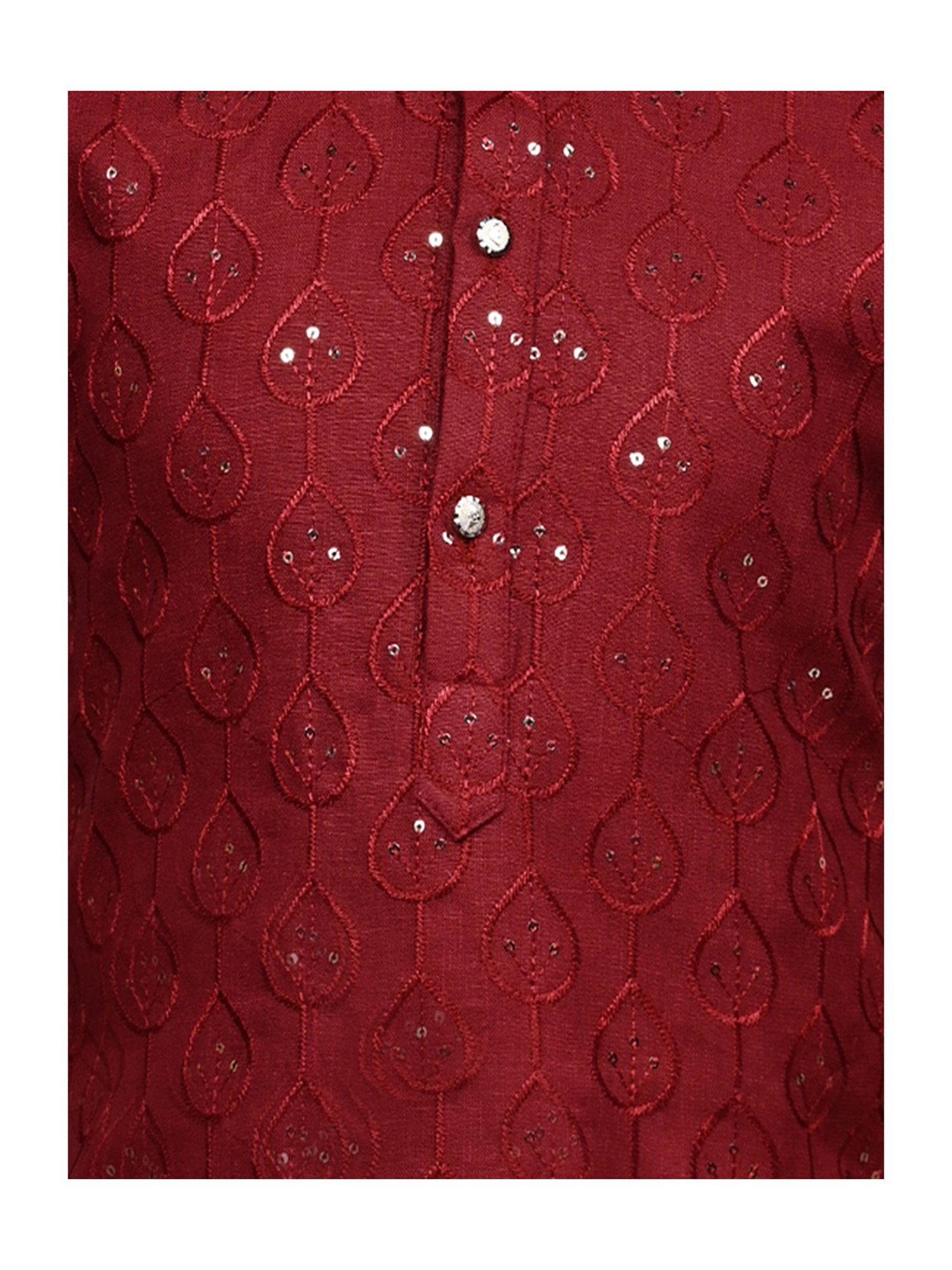 Ahhaaaa Kids Maroon & White Embellished Full Sleeves Kurta With Pyjamas