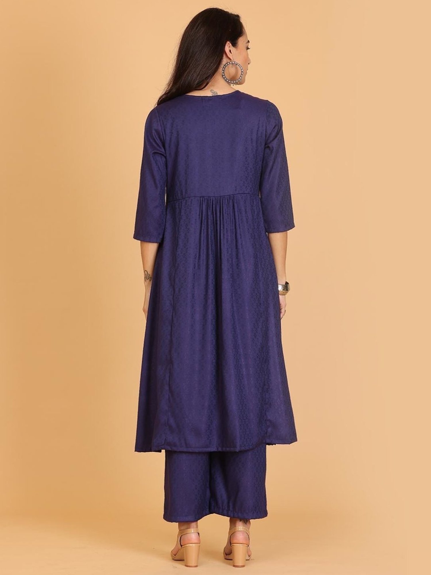 Kaanchie Nanggia Blue Embroidered Flayred Kurta With Pant Set