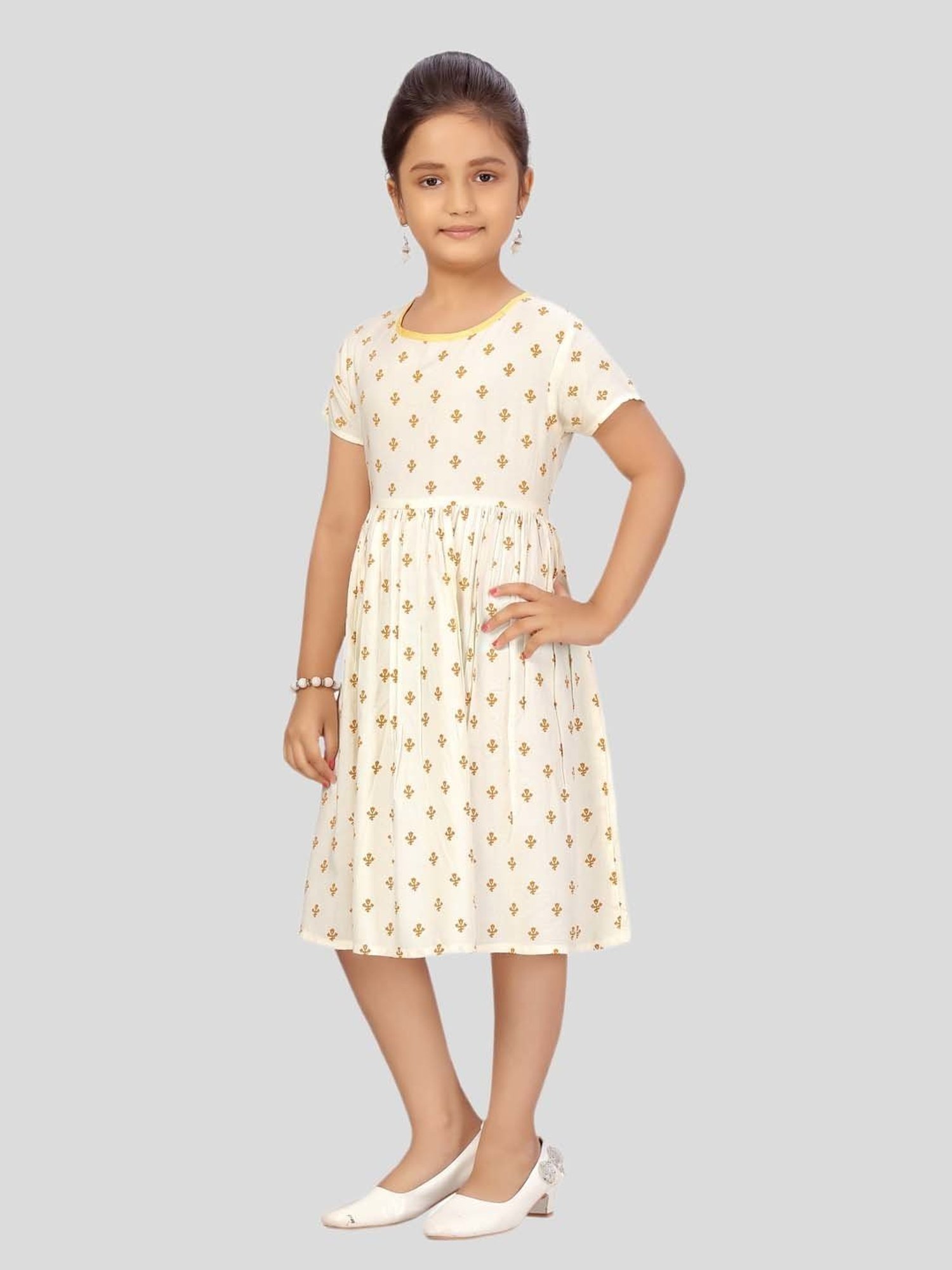 Aarika Kids White & Yellow Printed Frock Dress