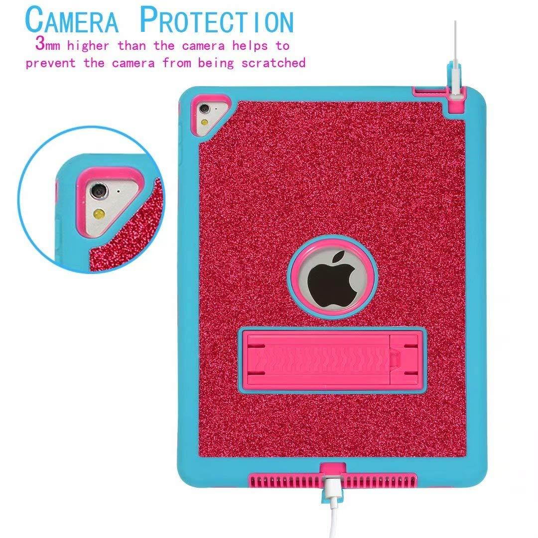 Lantier Heavy Duty Luxury Bling Glitter Kickstand Sparkle Three Layers Full-Body PC&Silicone Rugged Armor Hybrid Defender Protective Cover for New iPad 9.7 (2017/2018) Rose/Blue